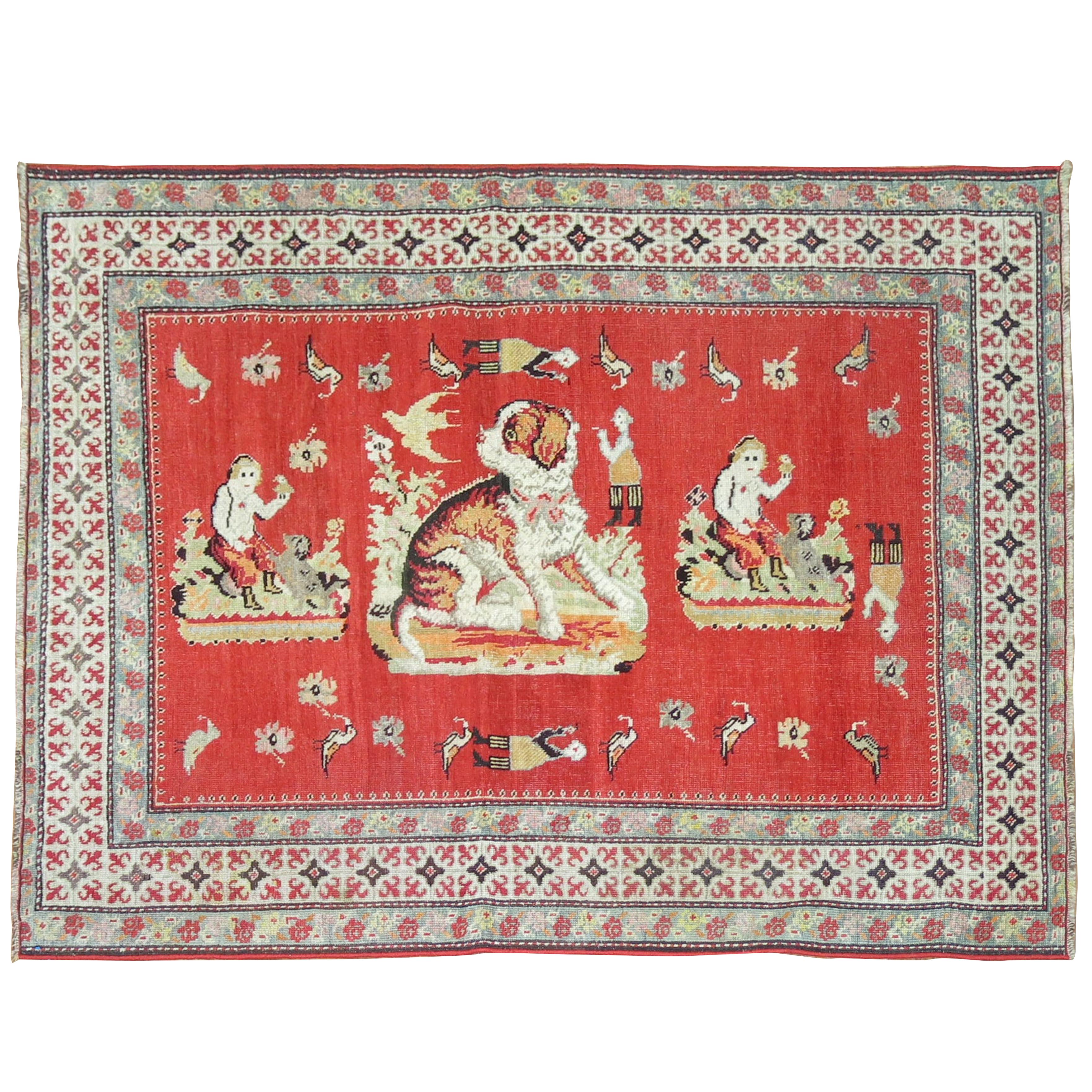 Pictorial Antiker Karabagh-Teppich mit Hund und Tier