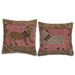 Vintage Pictorial Dog Pink Turkish Rug Pillows, Set of 2