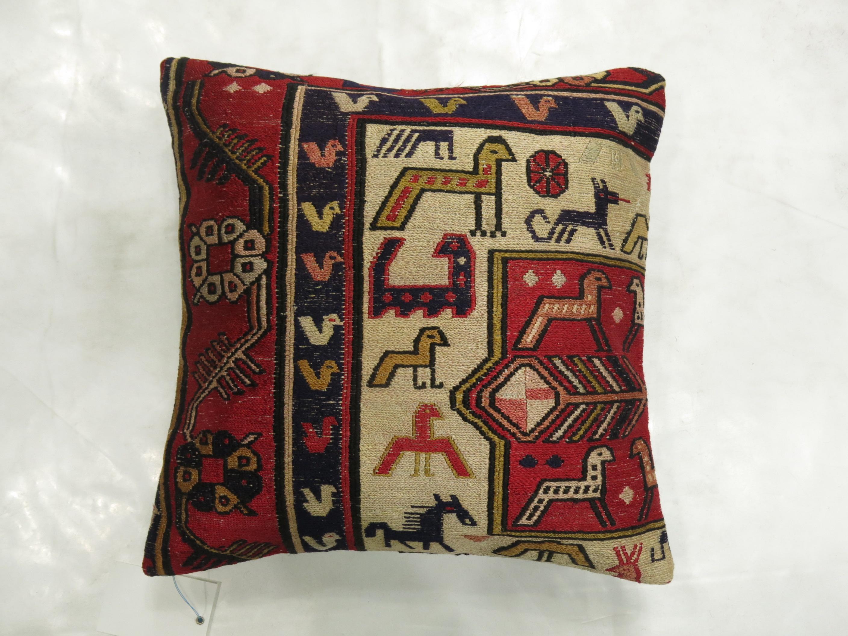 Persian Pictorial Folk Art Soumac Pillow For Sale