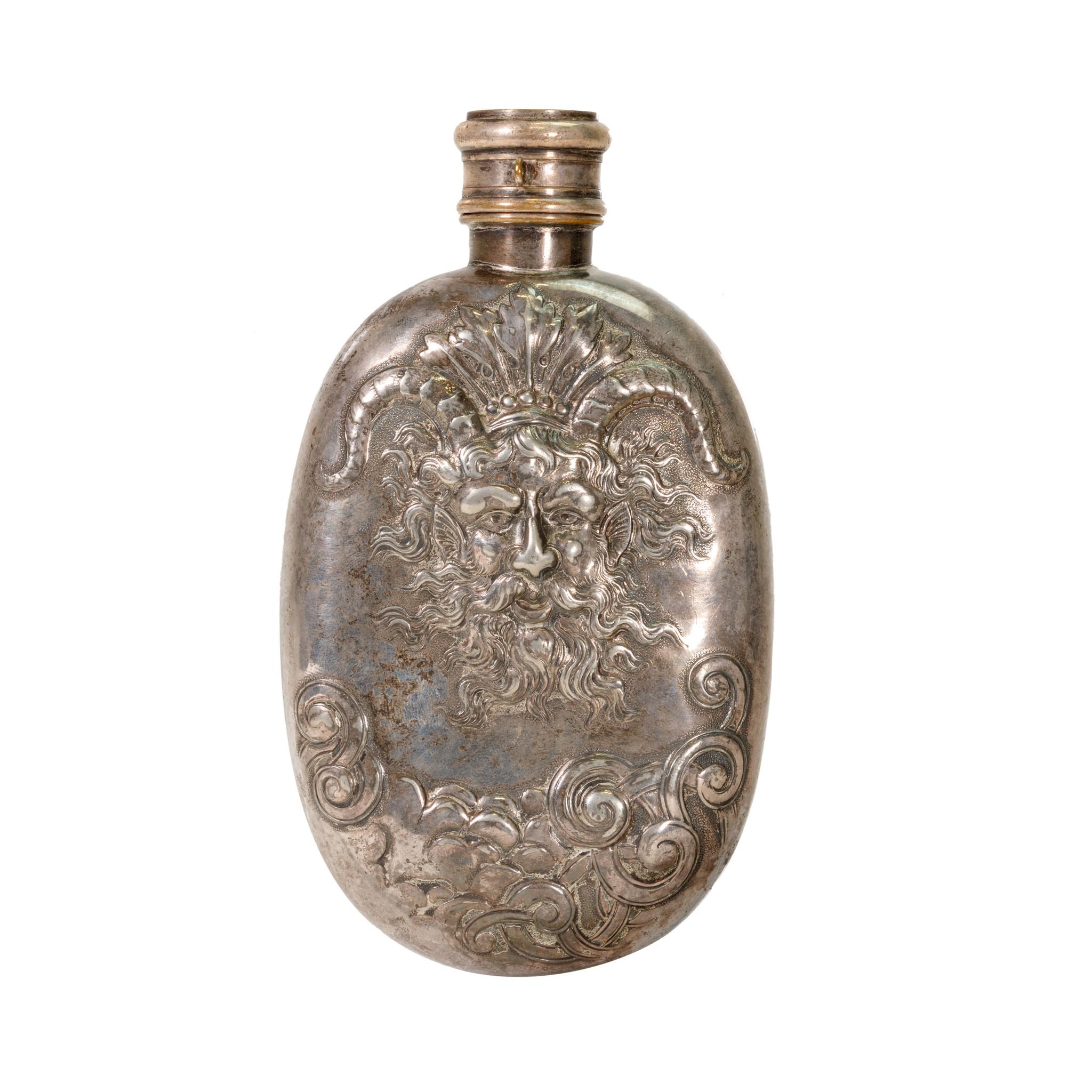Pictorial Gentleman's Silver Flask For Sale