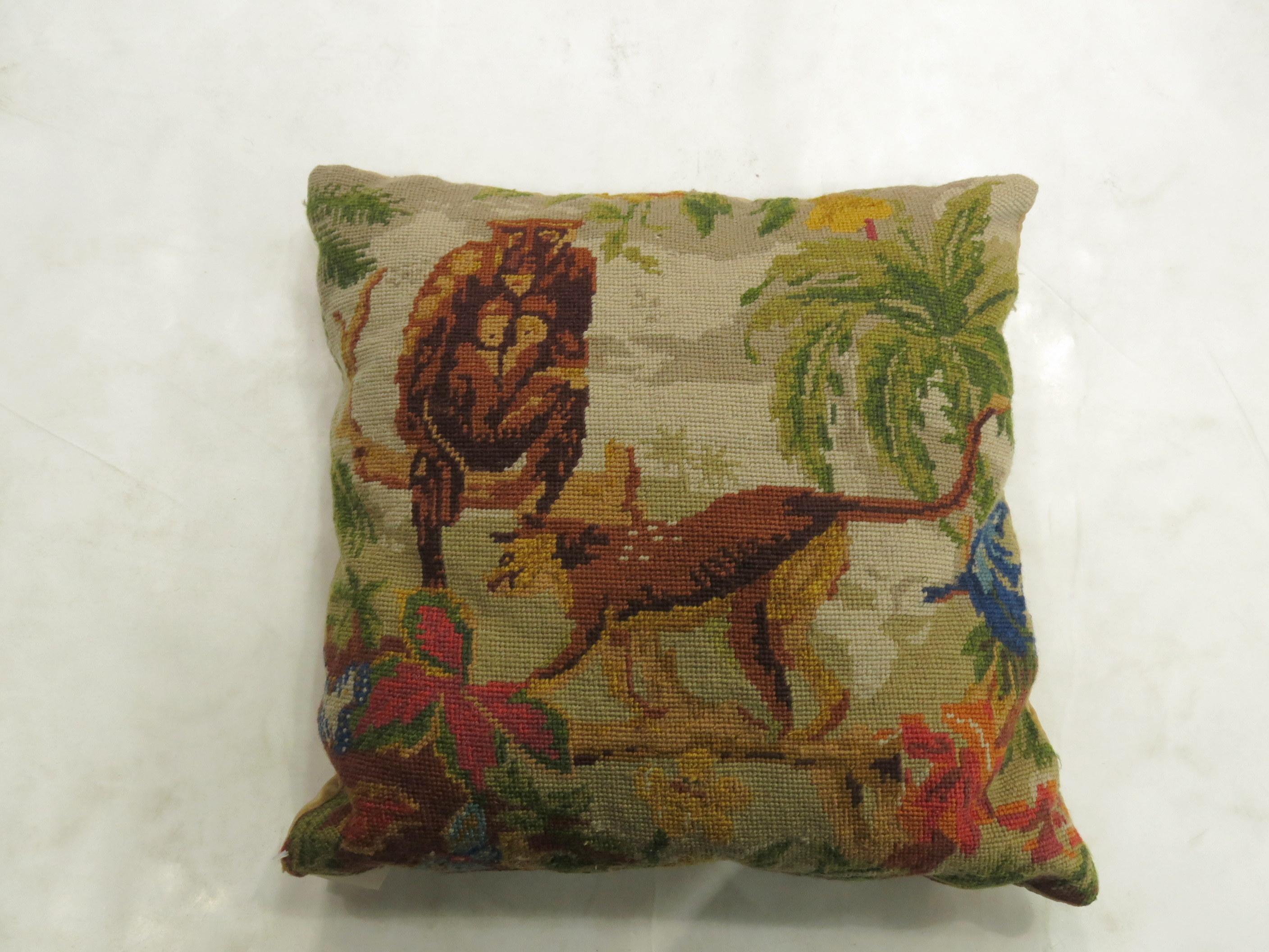 Pictorial Guerrilla Wolf Animal Portuguese Needlepoint Pillow In Good Condition In New York, NY