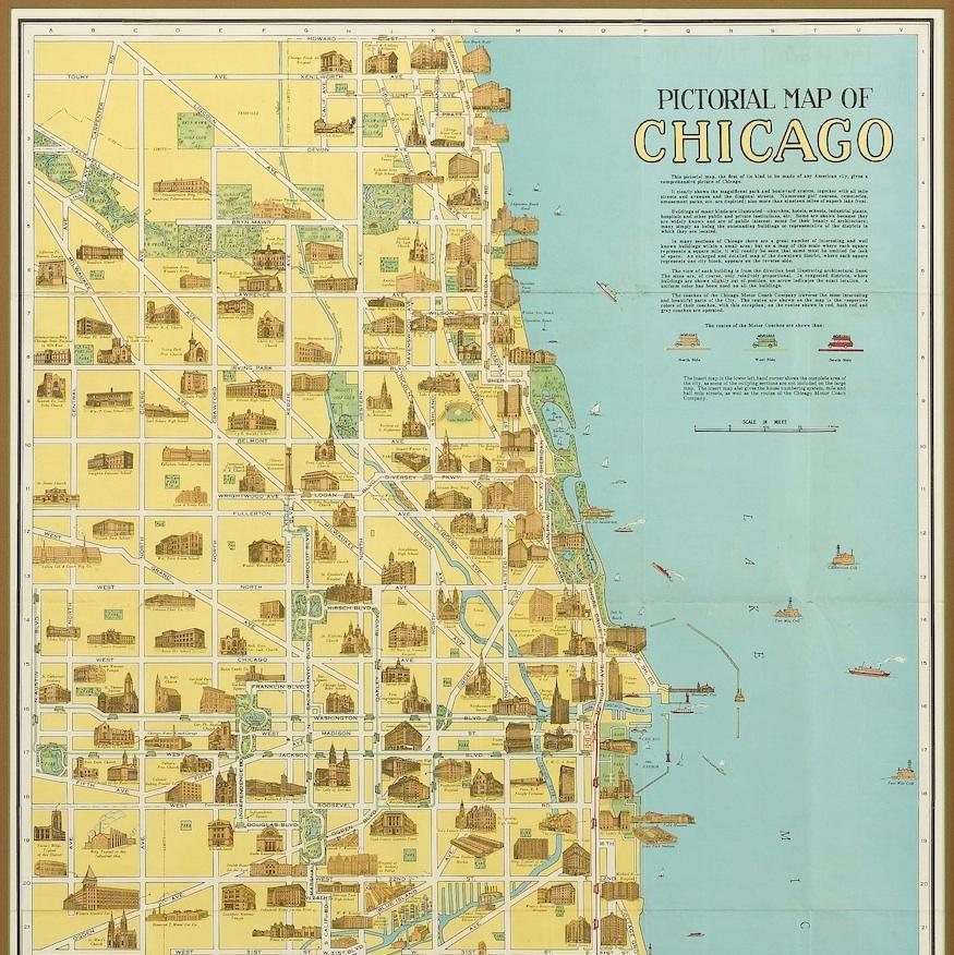 This is a colorful folding pocket map of the city of Chicago, published by The Clason Map Co., circa 1926. 

This highly decorative, double sided map features 