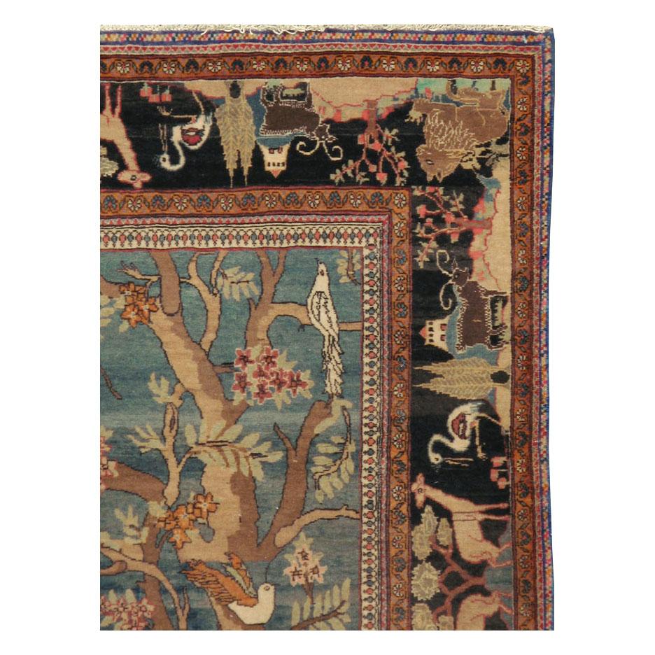 Hand-Knotted Pictorial Mid-20th Century Handmade Persian Mashad Animals in Forest Accent Rug