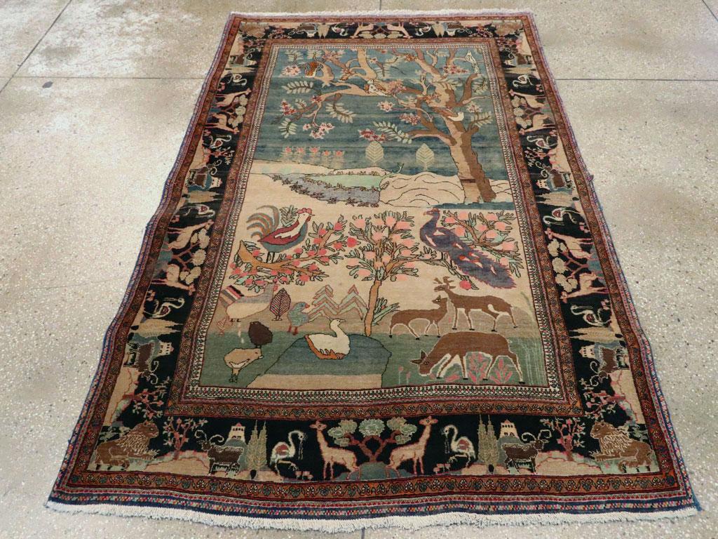Pictorial Mid-20th Century Handmade Persian Mashad Animals in Forest Accent Rug In Good Condition In New York, NY