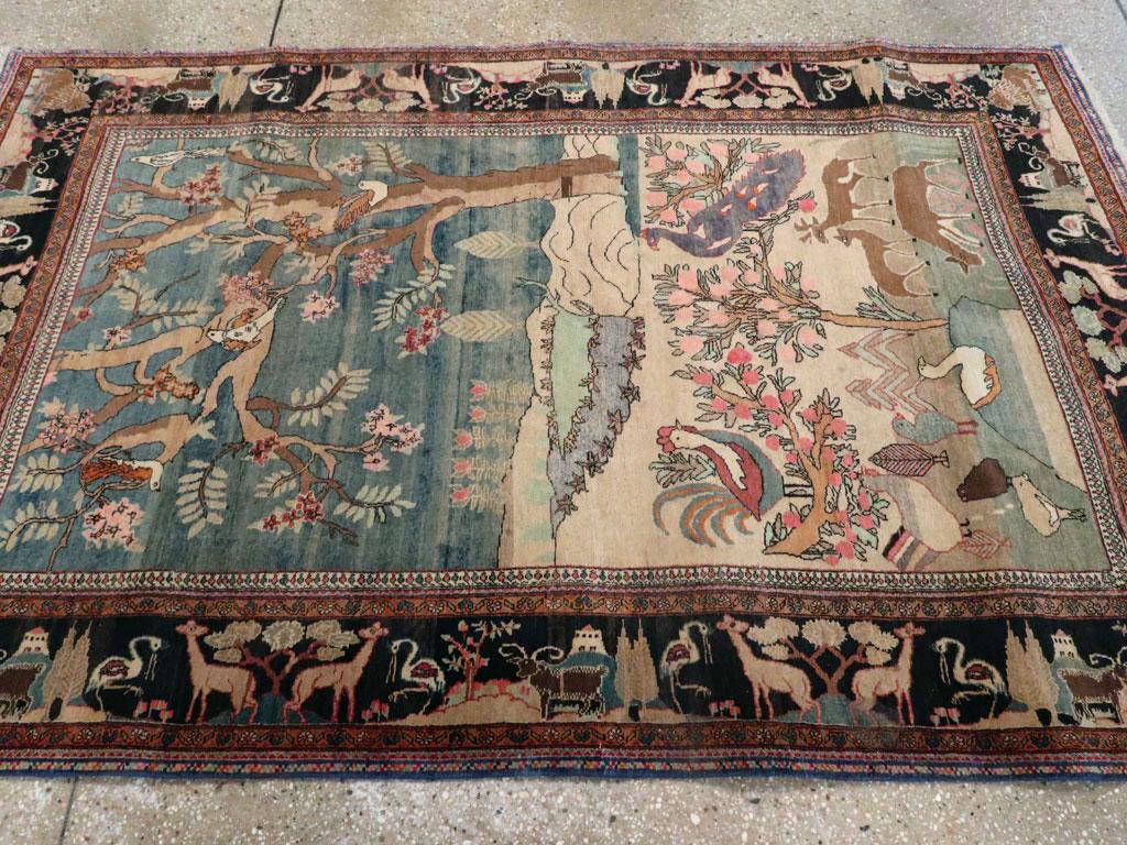 Pictorial Mid-20th Century Handmade Persian Mashad Animals in Forest Accent Rug 2