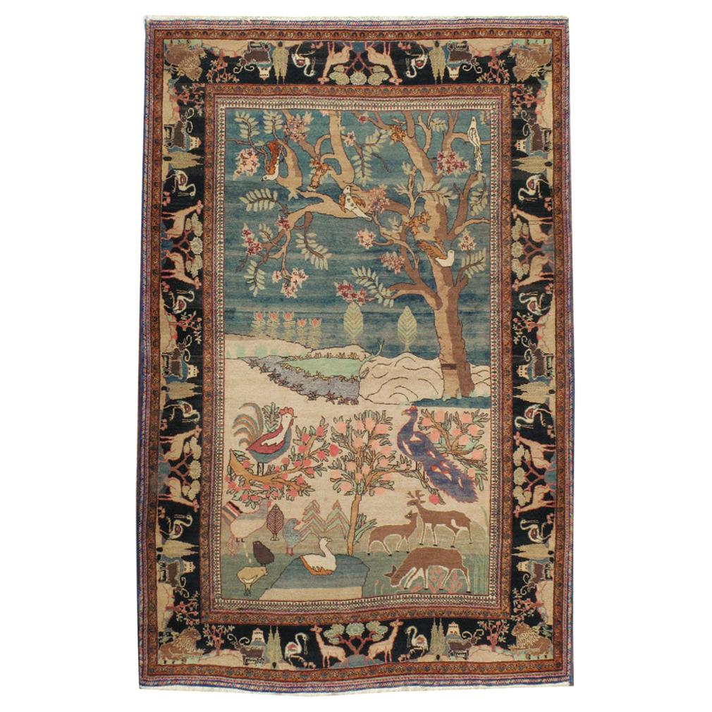 Pictorial Mid-20th Century Handmade Persian Mashad Animals in Forest Accent Rug