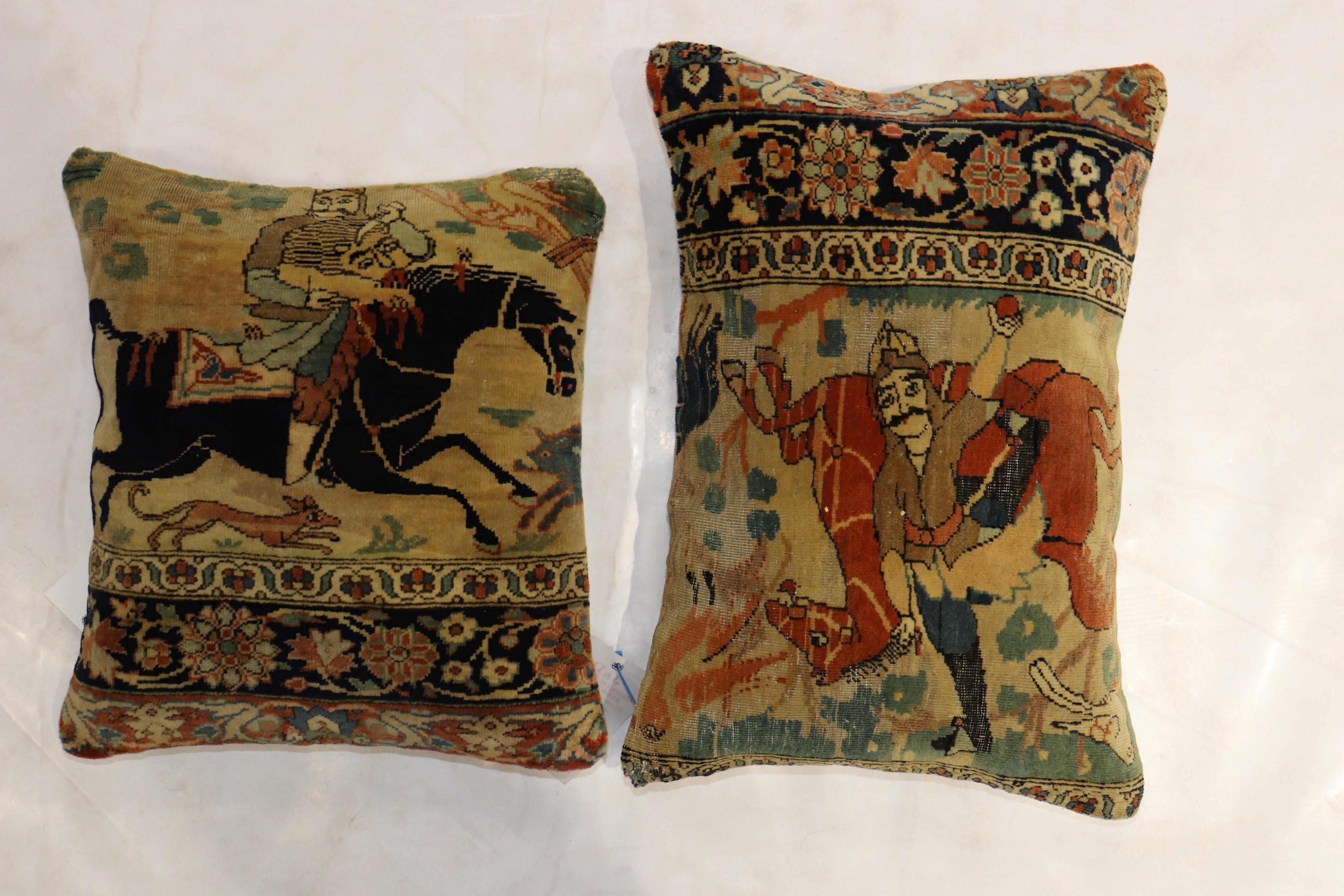 19th Century Pictorial Mohtasham Kashan Rug Pillows, Set of 2