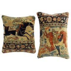 Antique Pictorial Mohtasham Kashan Rug Pillows, Set of 2