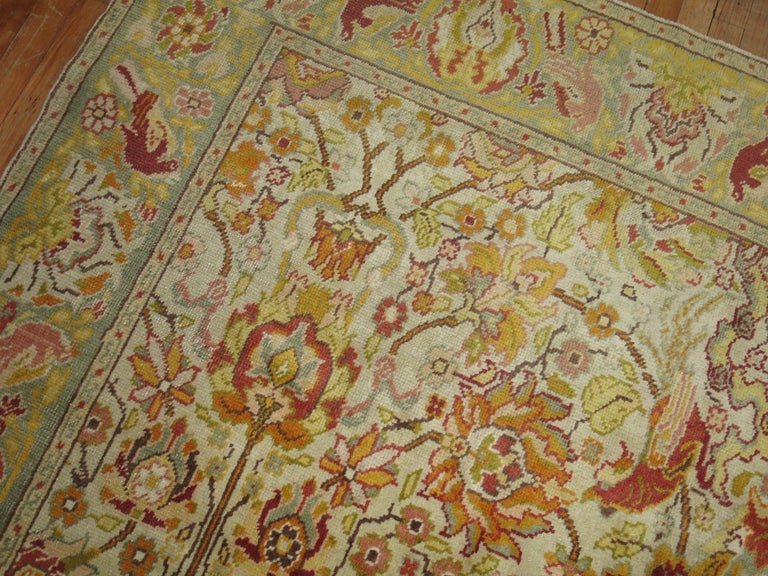 Pictorial Motif Ivory Turkish Square Room Size Rug In Good Condition For Sale In New York, NY