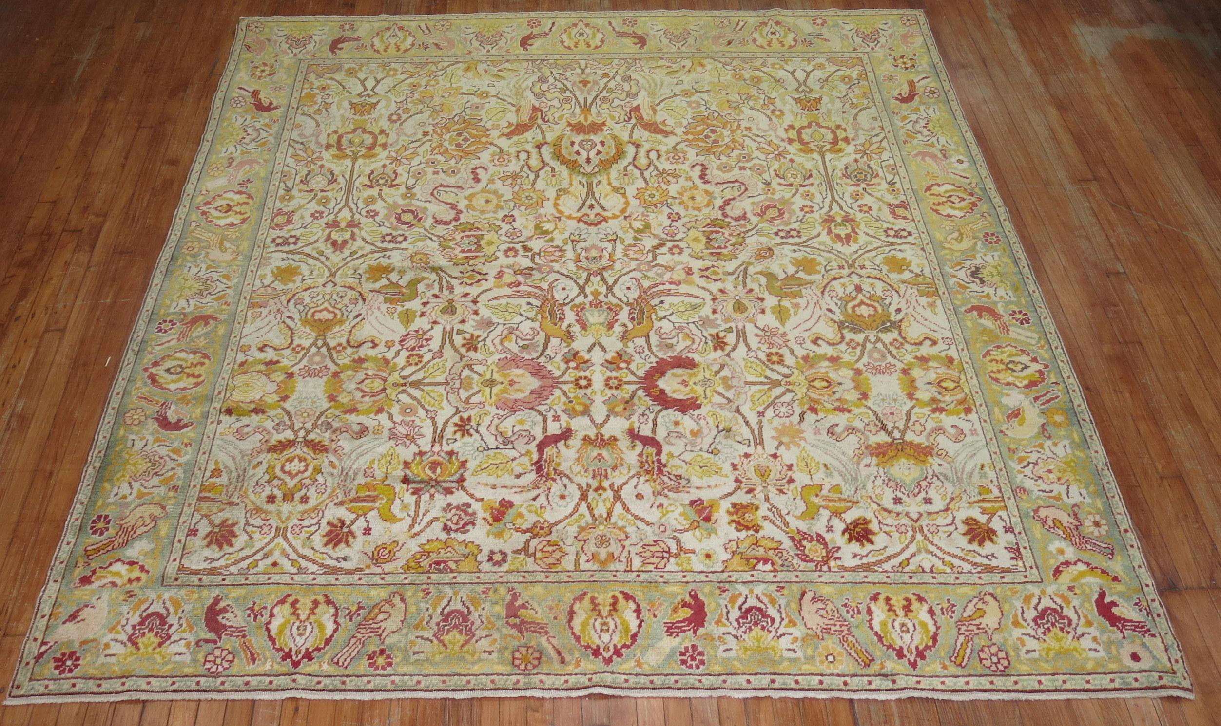 Pictorial Motif Ivory Turkish Square Room Size Rug 1