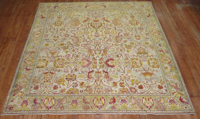 Pictorial Motif Ivory Turkish Square Room Size Rug For Sale 1