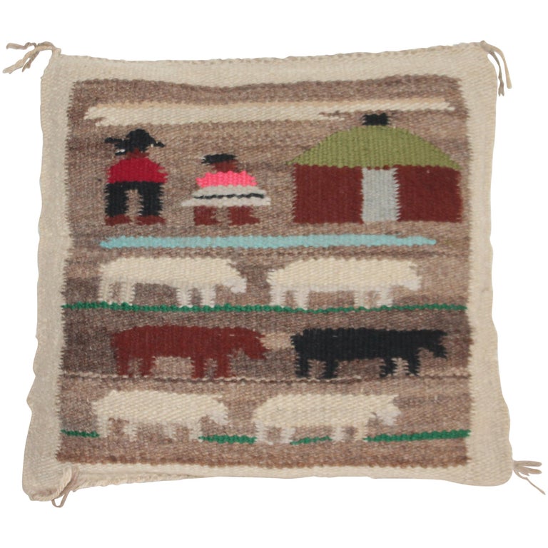 Pictorial Navajo Indian Weaving Chair Cushion For Sale