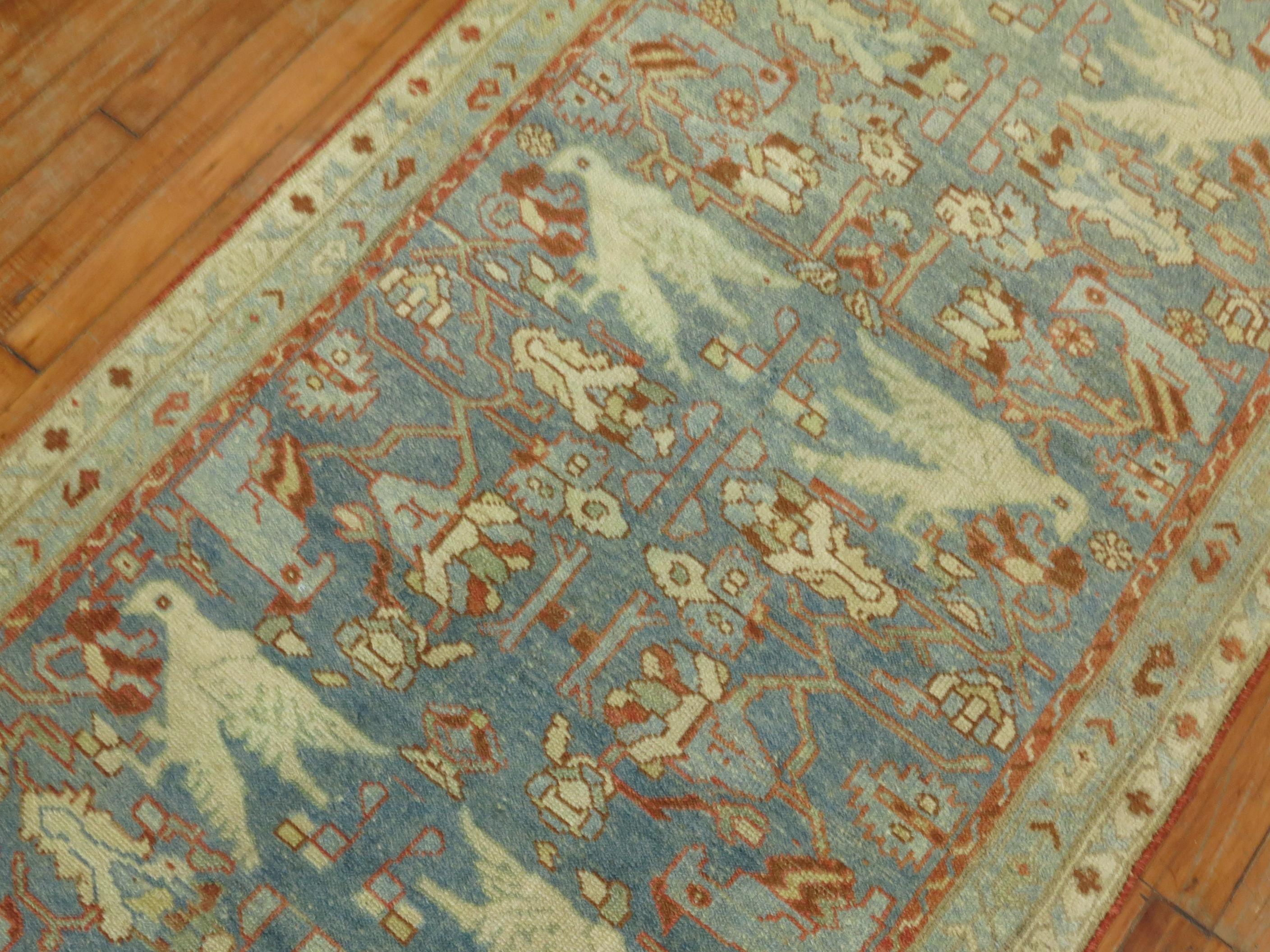 Folk Art Pictorial Persian Blue Pigeon Malayer Runner For Sale