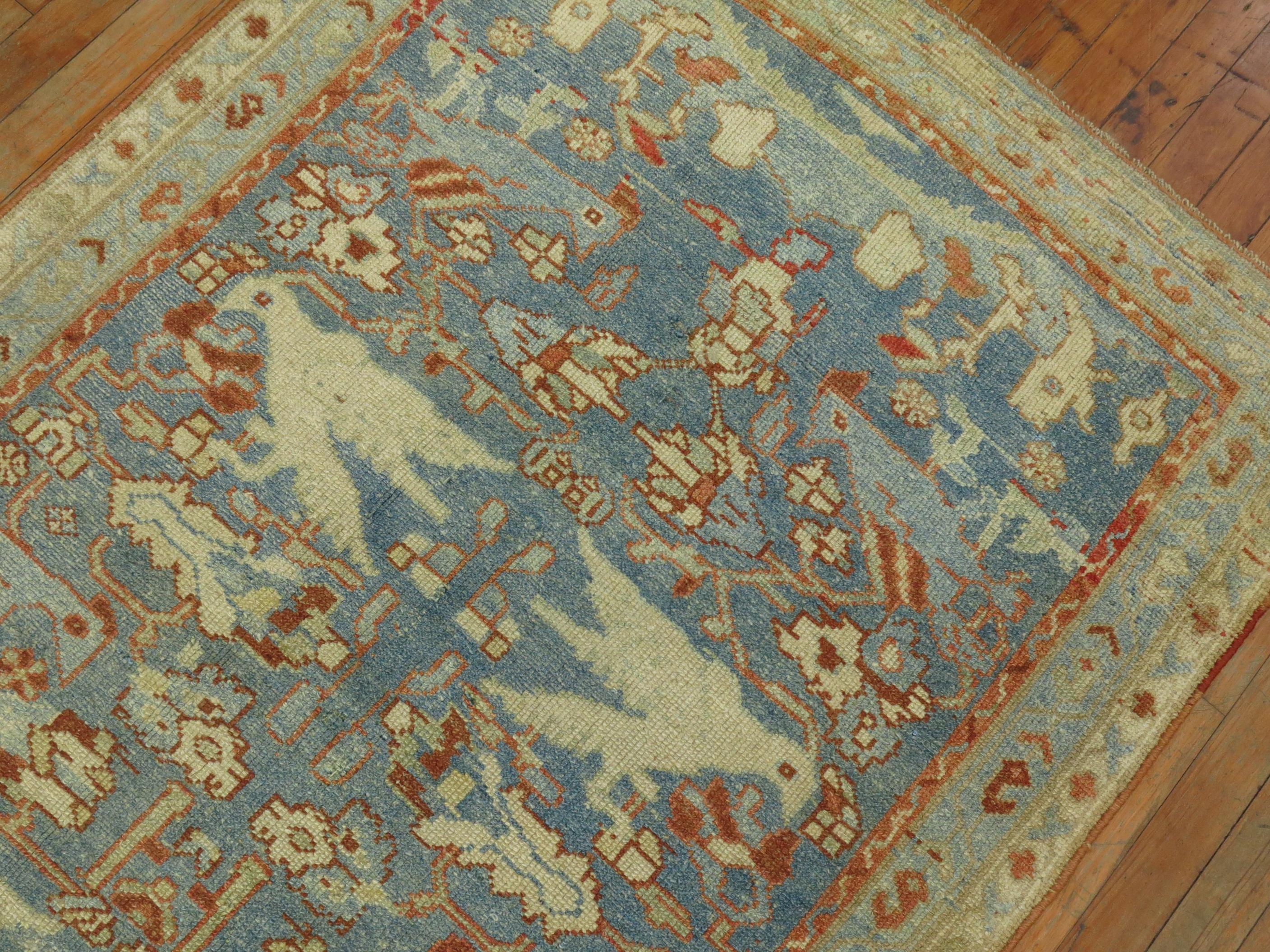 Hand-Woven Pictorial Persian Blue Pigeon Malayer Runner For Sale