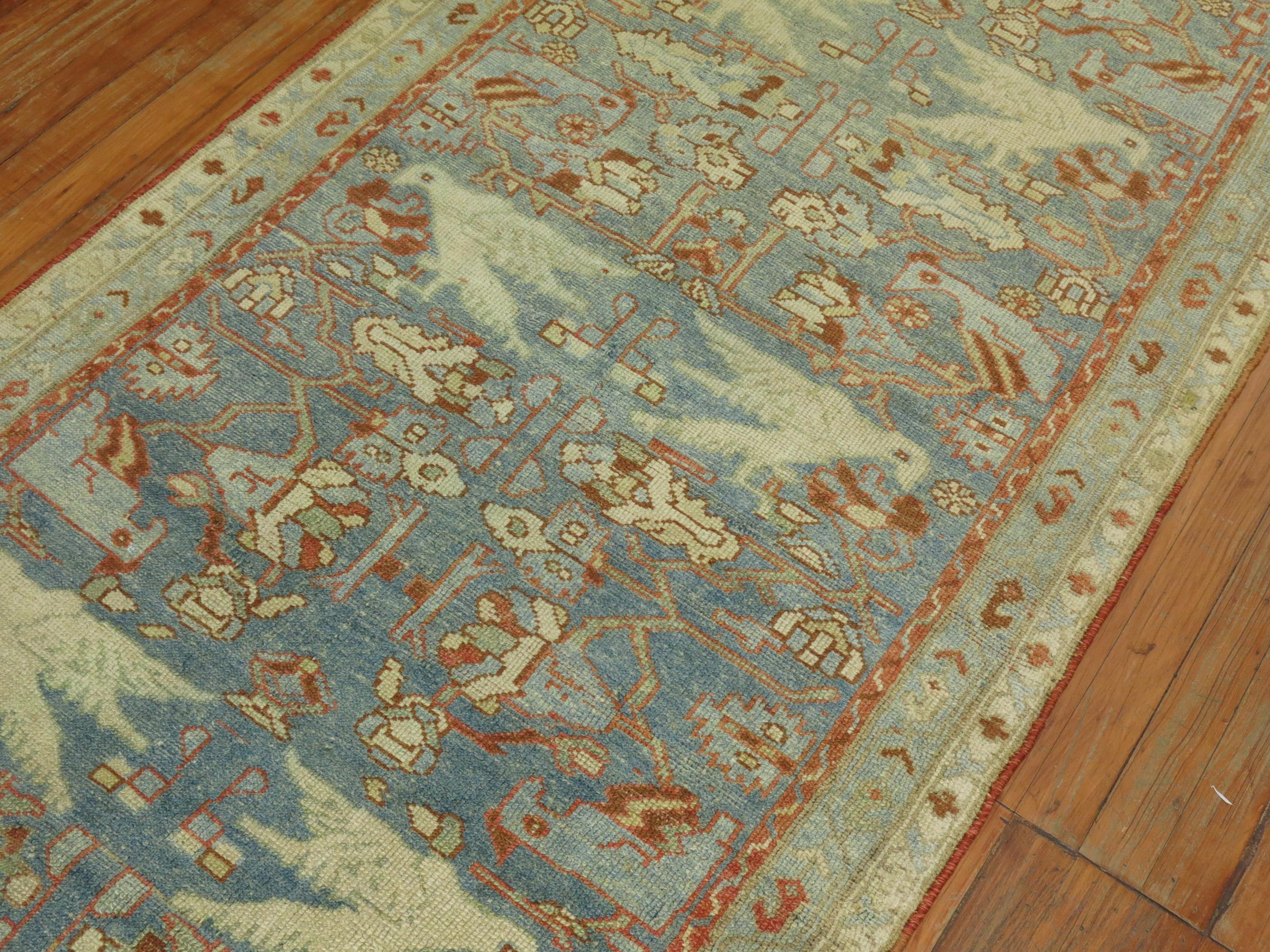 Early 20th Century Pictorial Persian Blue Pigeon Malayer Runner For Sale