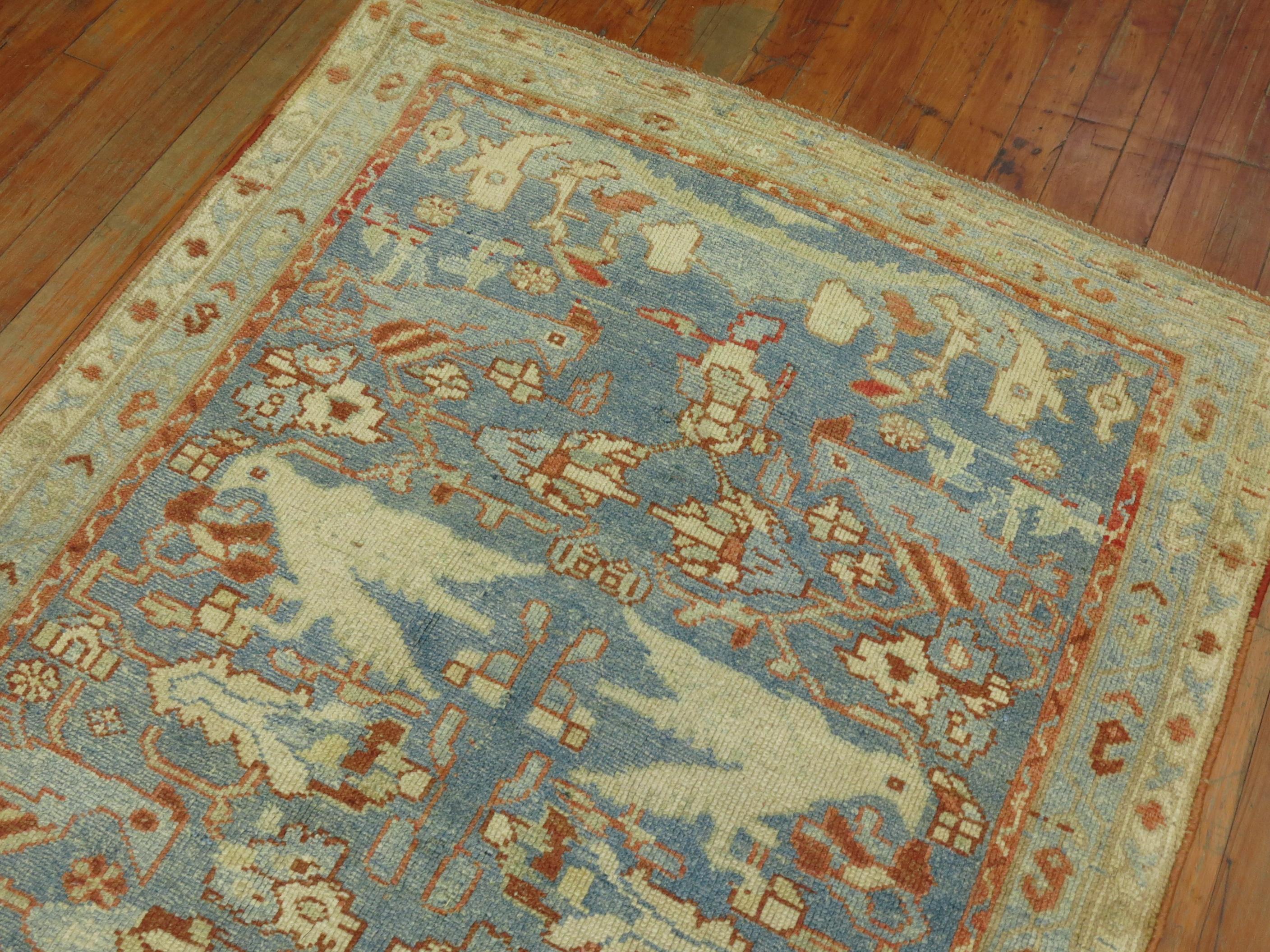 Wool Pictorial Persian Blue Pigeon Malayer Runner For Sale