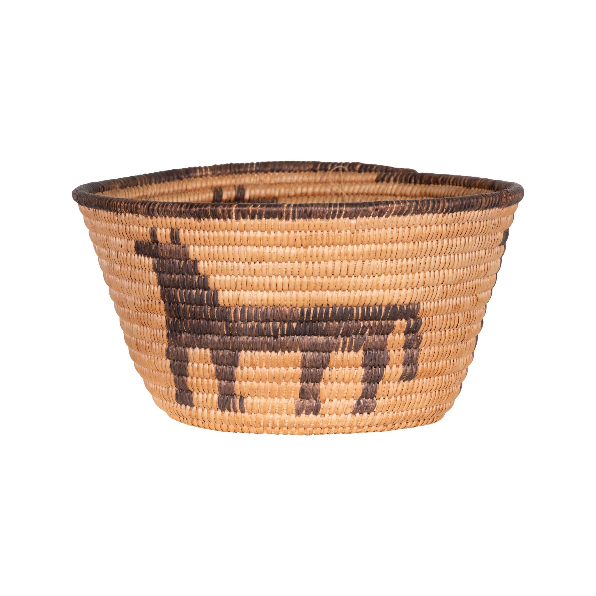 Pictorial Pima basket with three horses and old purchase tag on bottom 