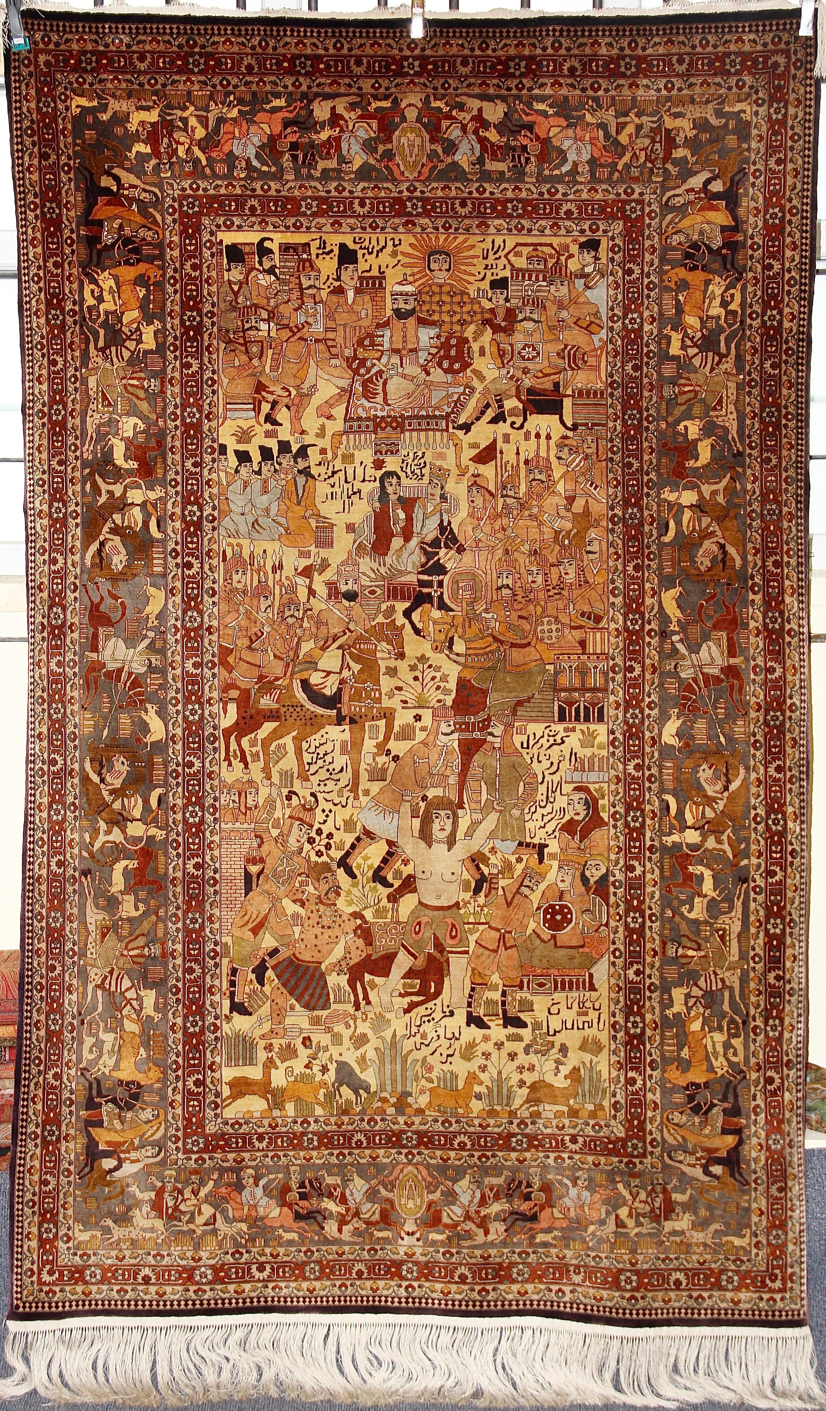 Beautiful and very decorative Pictorial rug (tapestry).
Very fine hand knot.
Illustration of a royal wedding celebration with
Bridal couple, soldiers, generals, poets, musicians, belly dancers, animals and mythical creatures.

Such carpets are