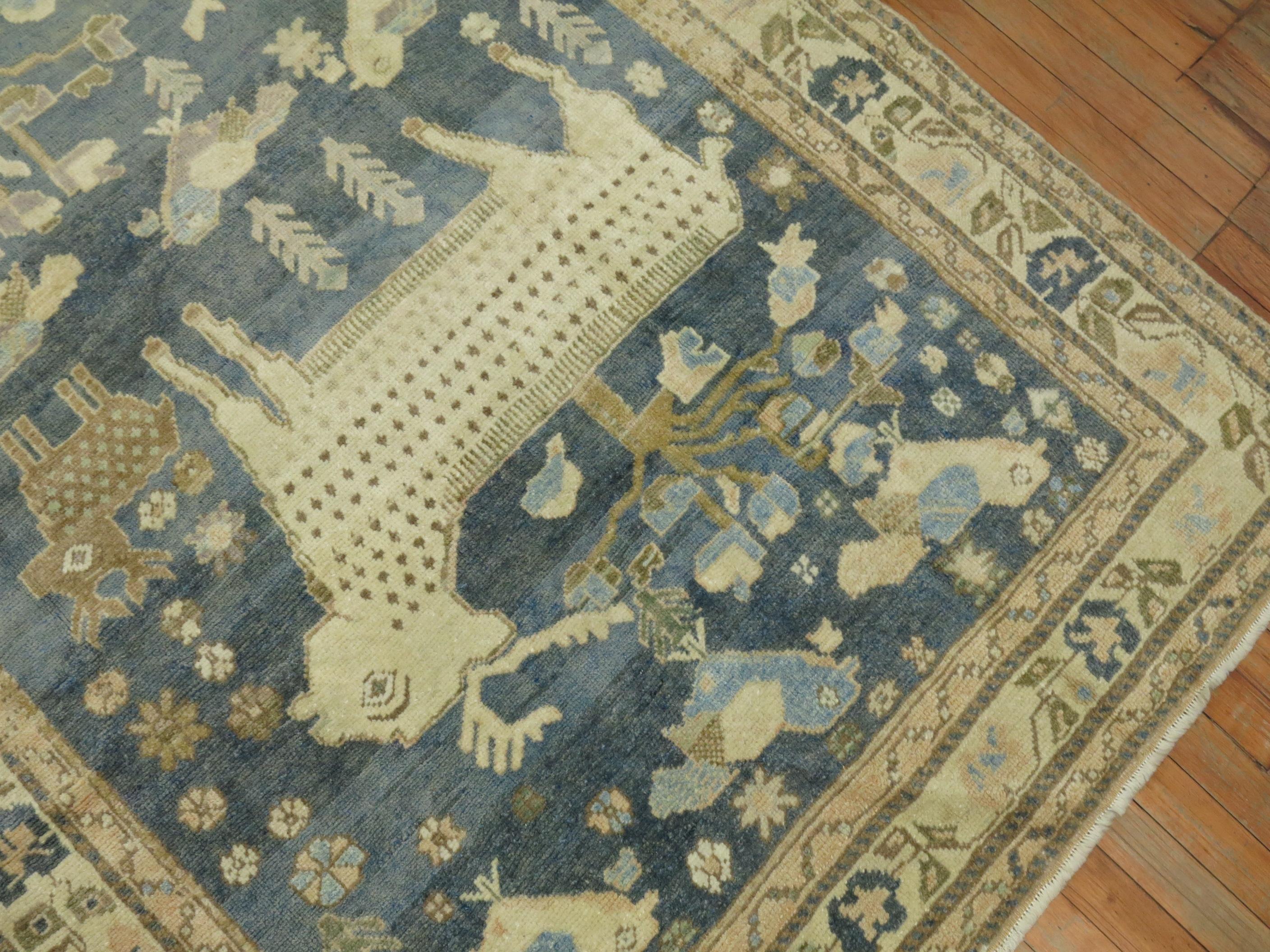 Pictorial Sheep Pigeon Sea Foam Turkish Anatolian Accent Size Decorative Rug In Good Condition For Sale In New York, NY