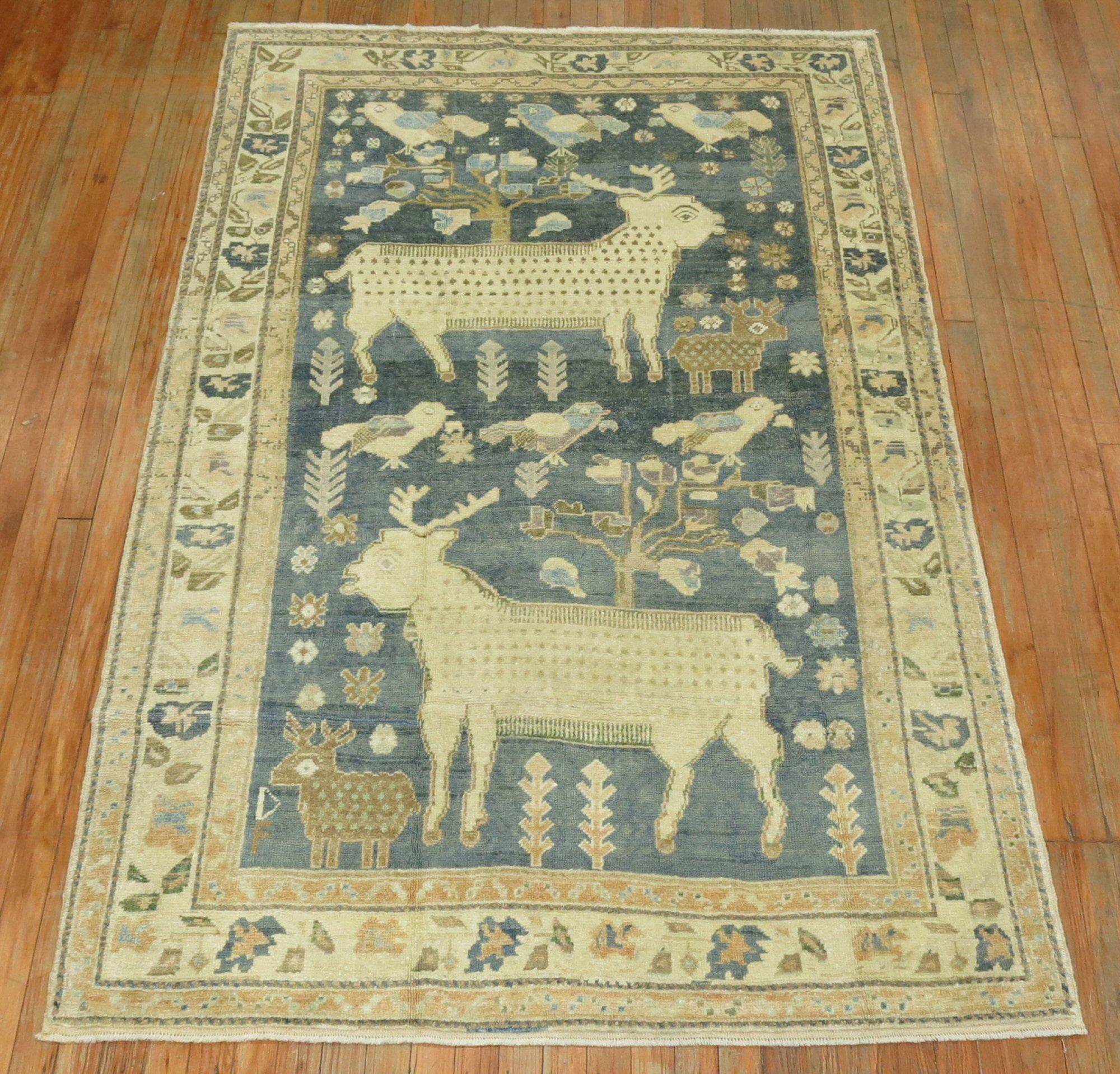 Wool Pictorial Sheep Pigeon Sea Foam Turkish Anatolian Accent Size Decorative Rug For Sale