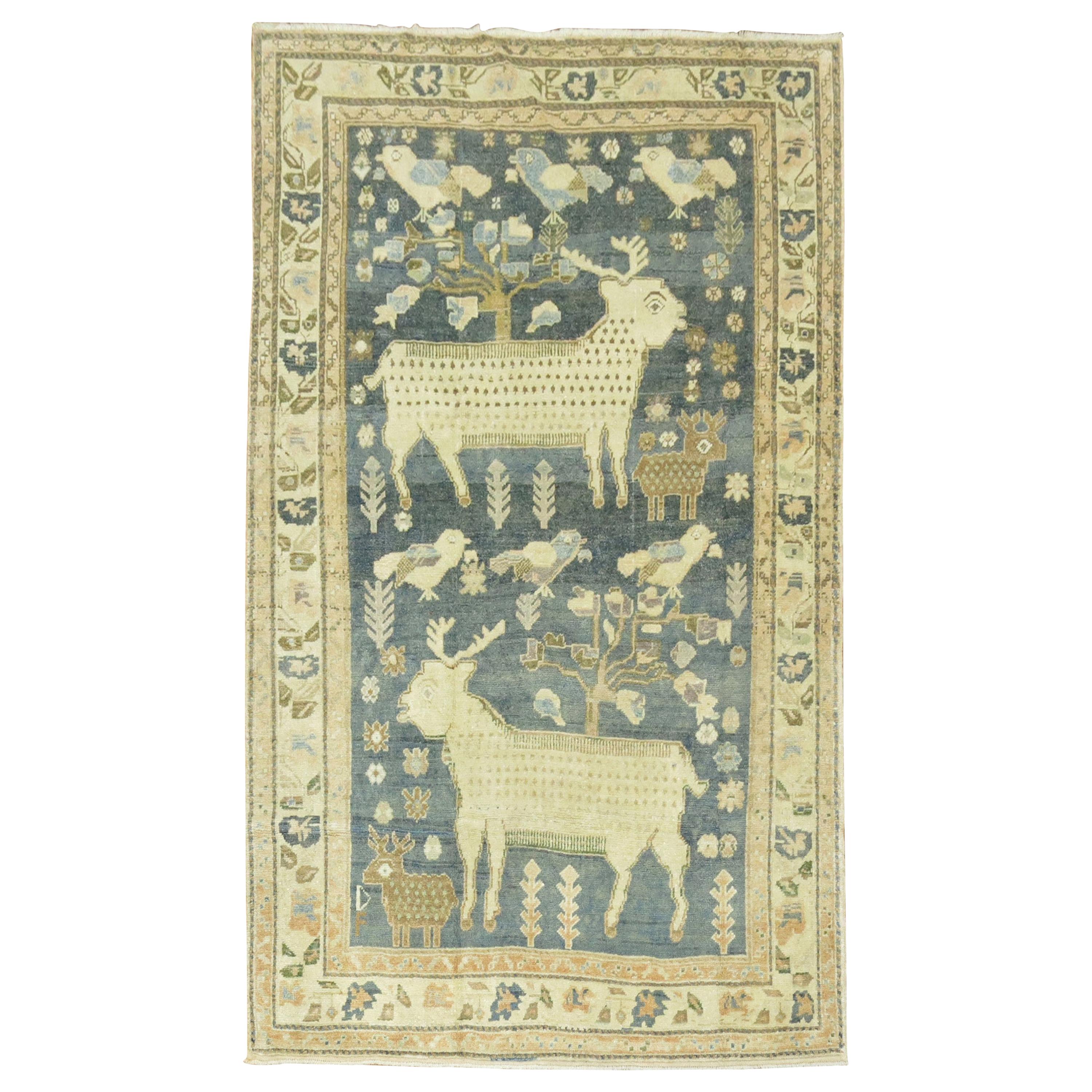 Pictorial Sheep Pigeon Sea Foam Turkish Anatolian Accent Size Decorative Rug For Sale