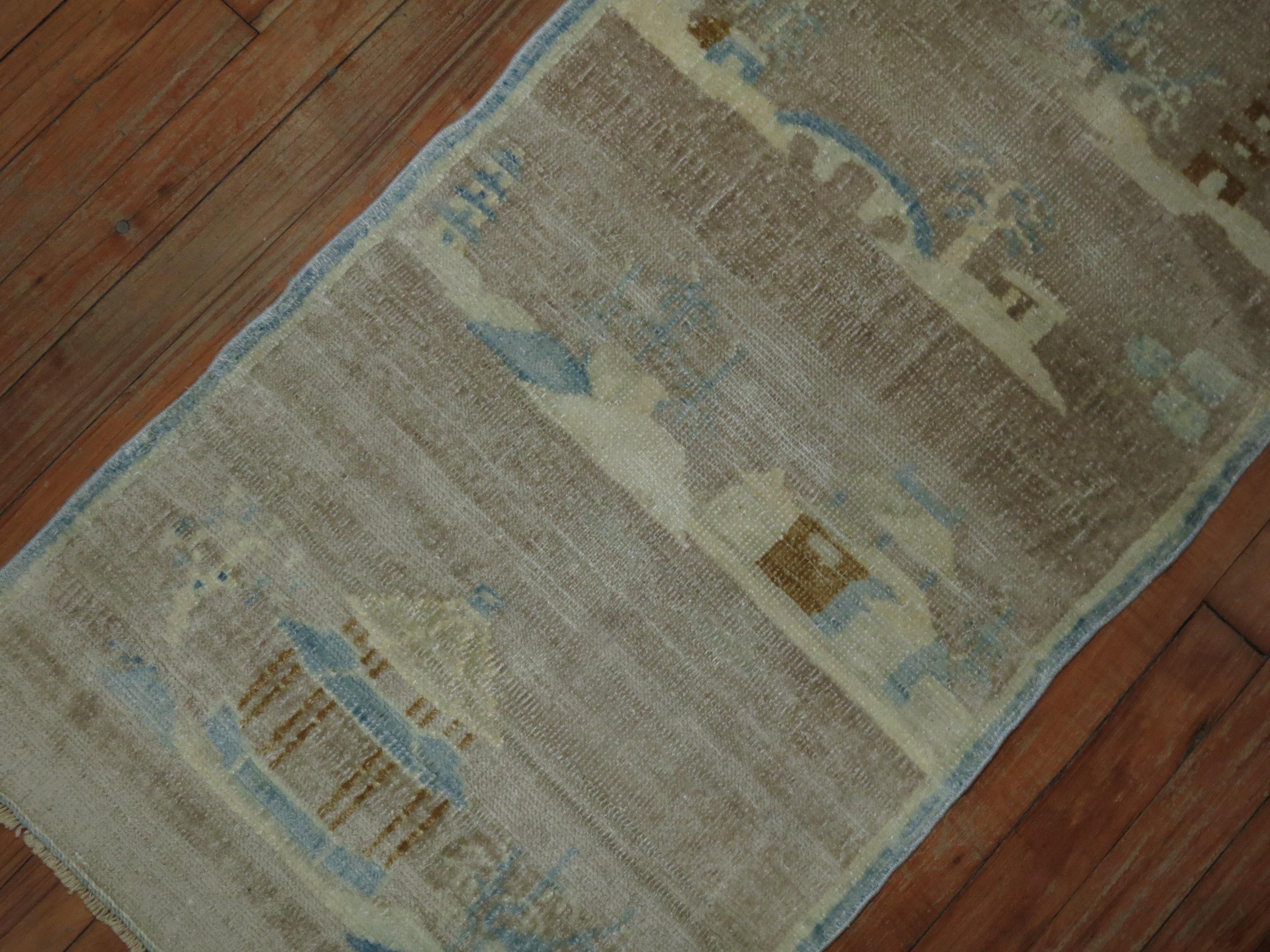 Anglo-Japanese Pictorial Silver Brown Baby Blue Chinese Art Deco Mat Size Rug For Sale