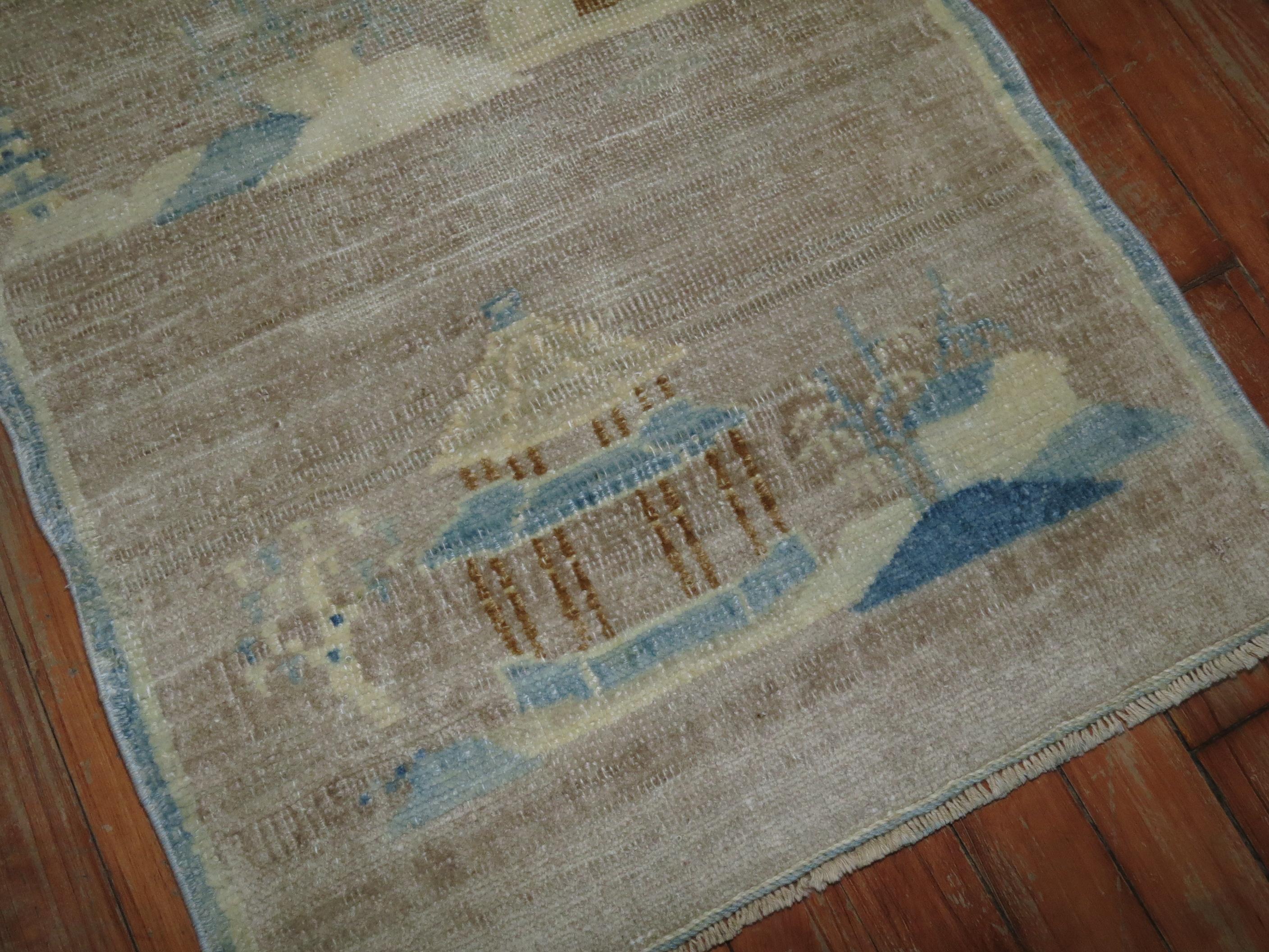 Hand-Woven Pictorial Silver Brown Baby Blue Chinese Art Deco Mat Size Rug For Sale