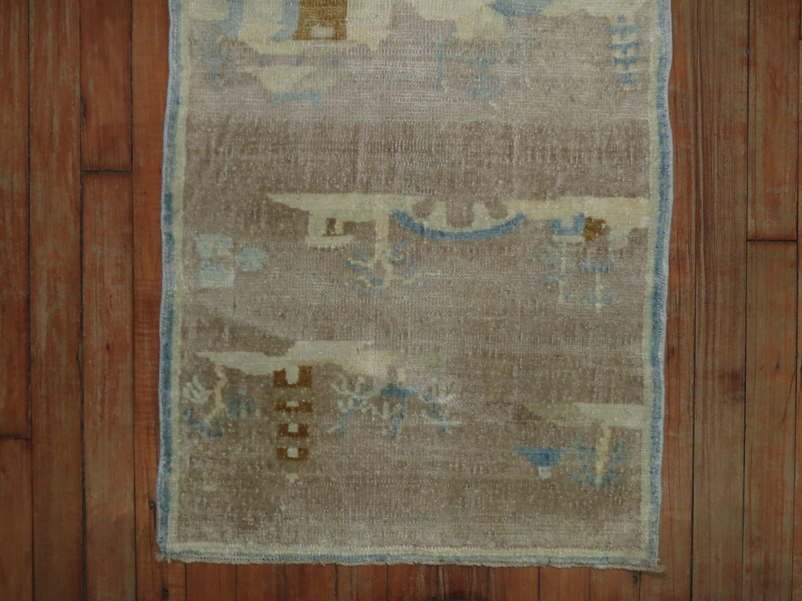 Mid-20th Century Pictorial Silver Brown Baby Blue Chinese Art Deco Mat Size Rug For Sale
