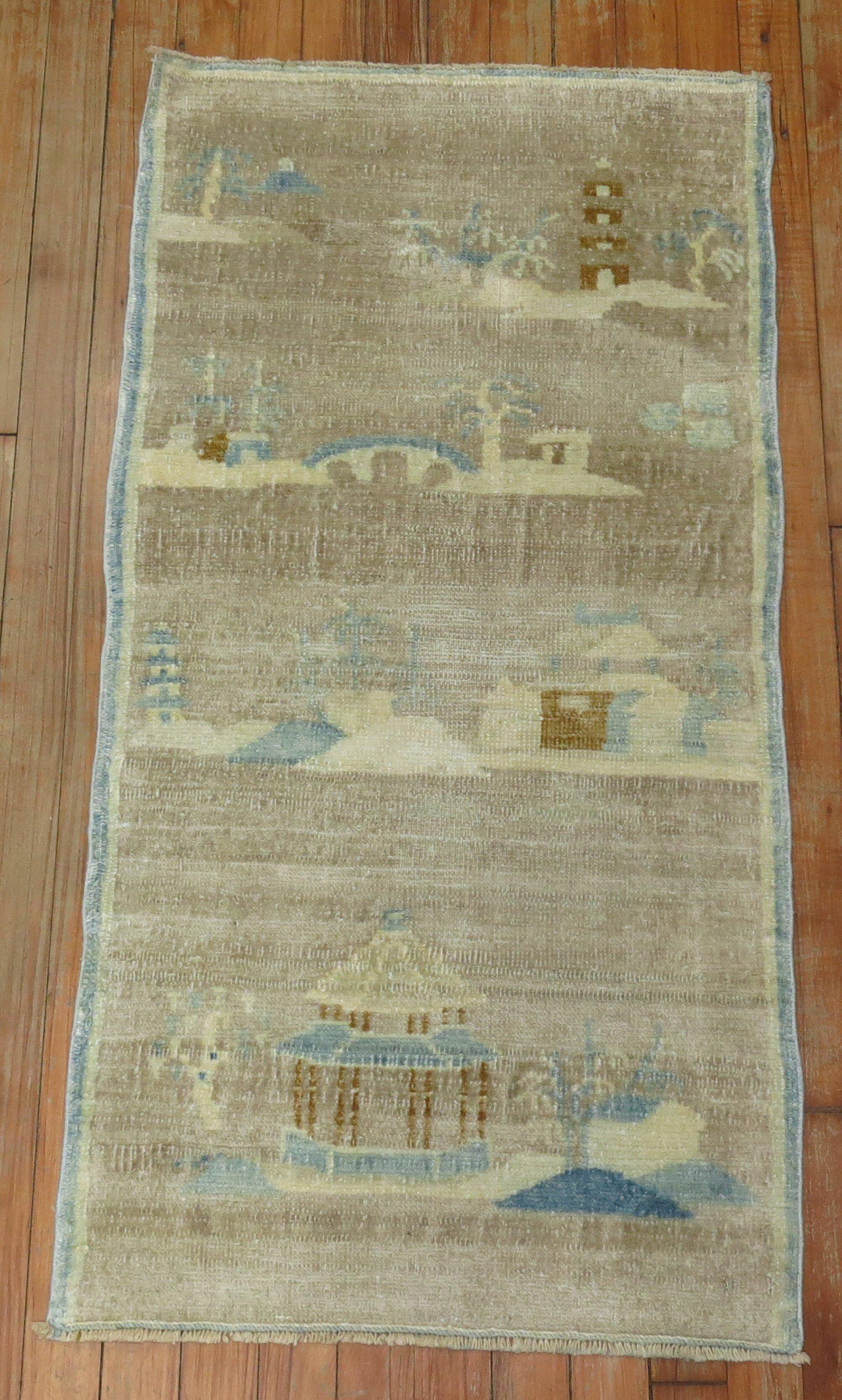 Wool Pictorial Silver Brown Baby Blue Chinese Art Deco Mat Size Rug For Sale