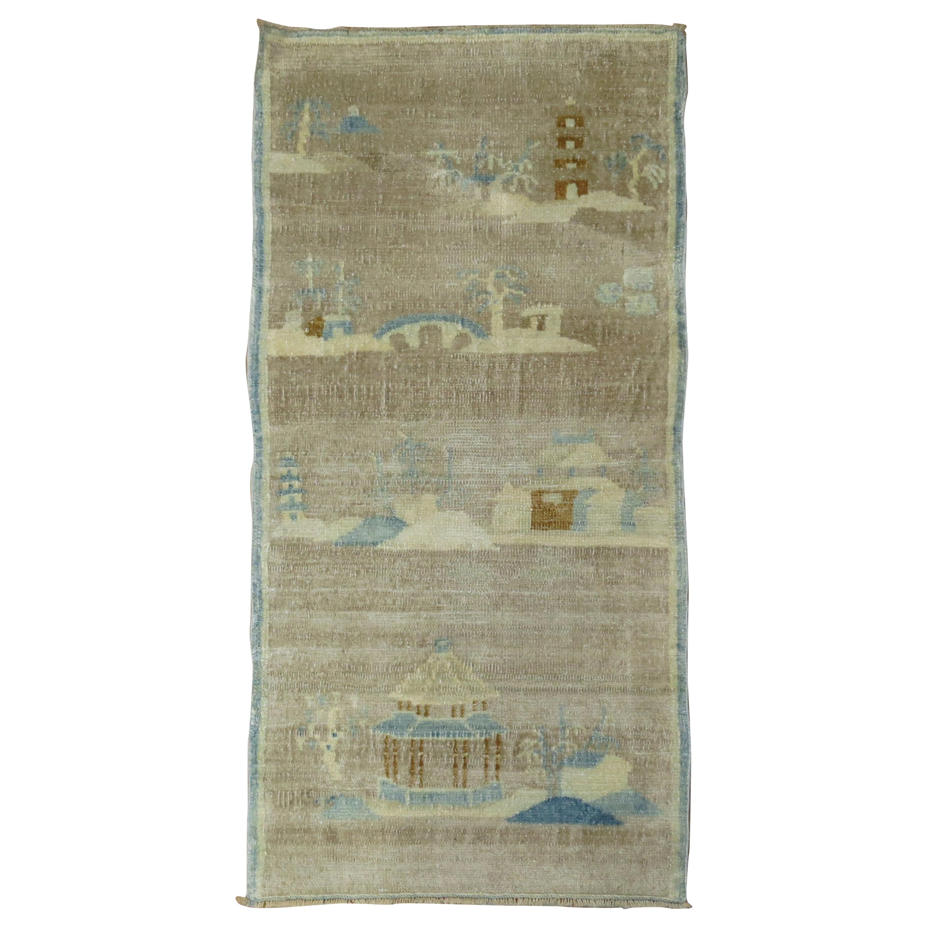 Pictorial Silver Brown Baby Blue Chinese Art Deco Mat Size Rug For Sale