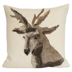 Pictorial Stag Head Pillow, California Felted Wool, Brown Leather Back, in Stock