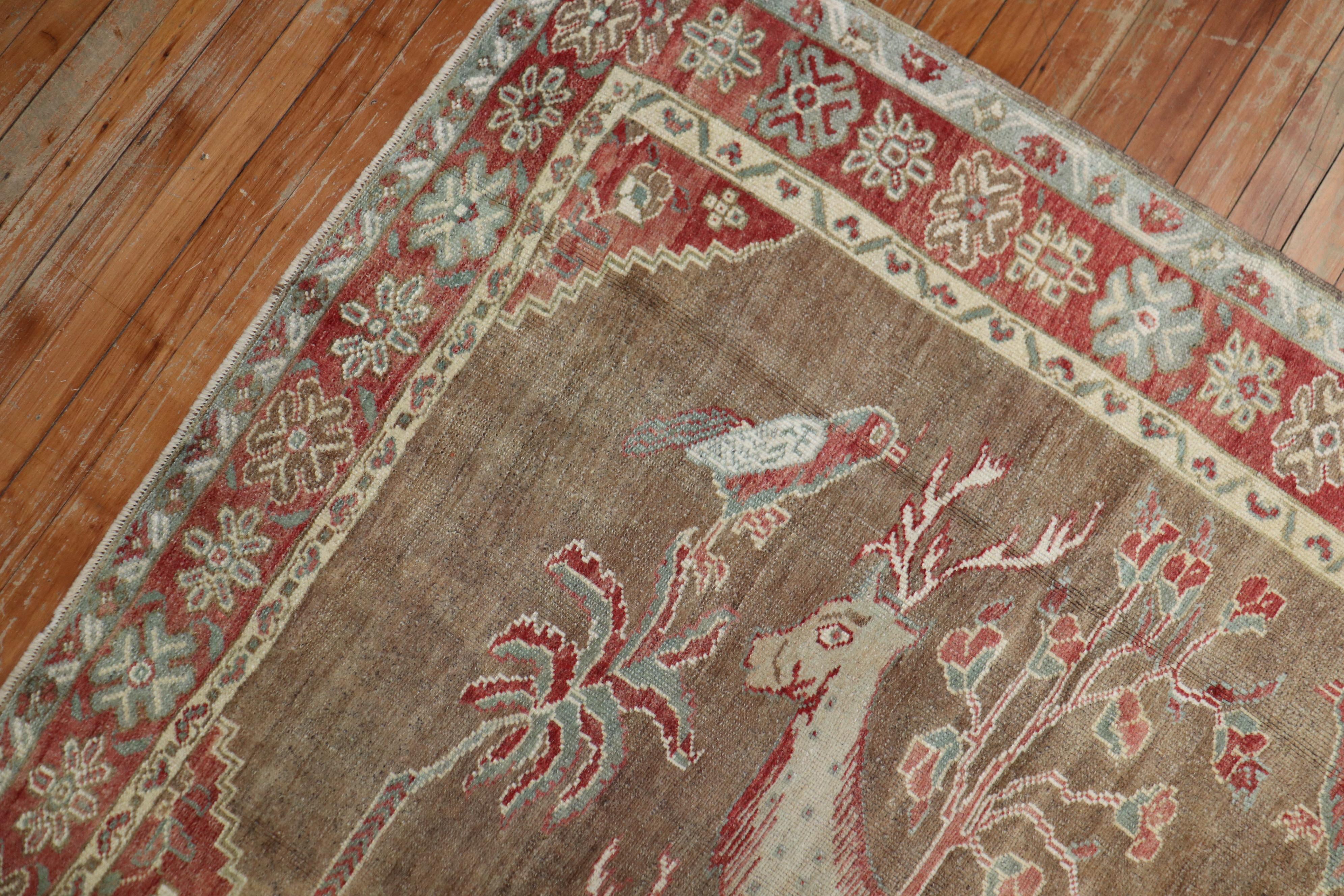 Hand-Woven Pictorial Turkish Deer Bird Square Rug For Sale
