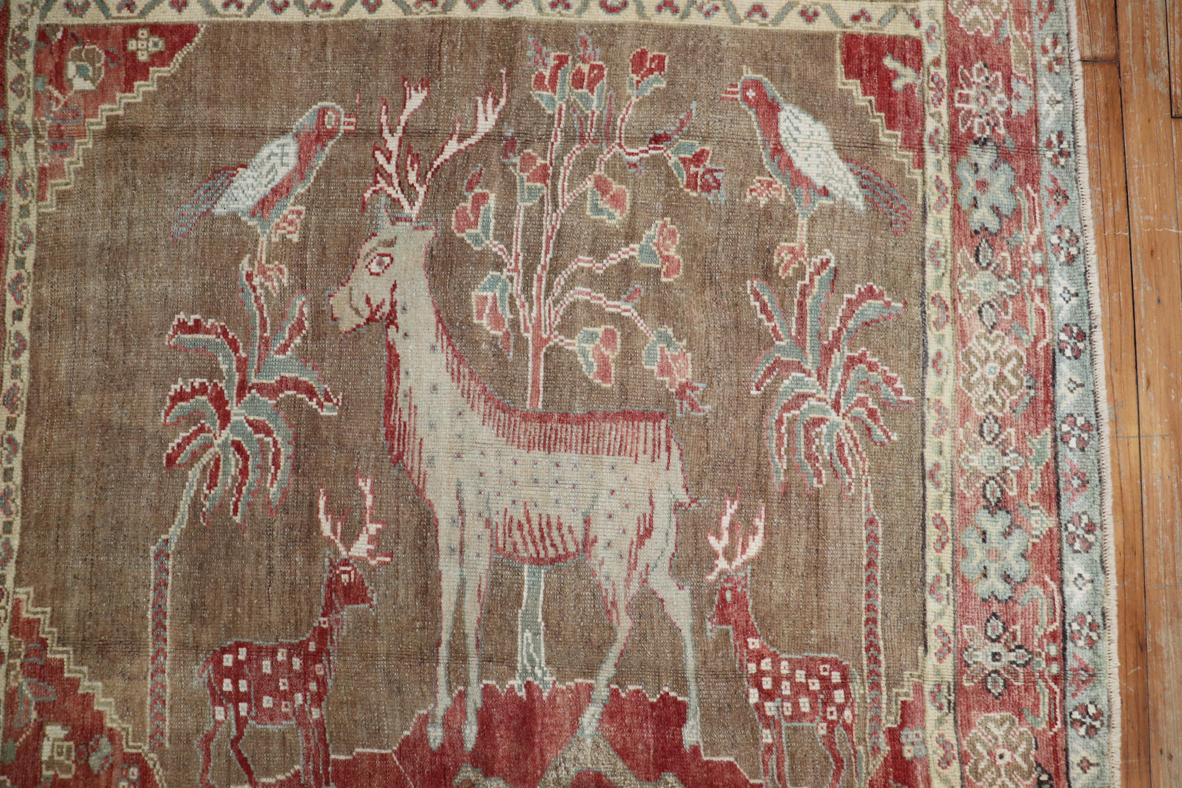 Pictorial Turkish Deer Bird Square Rug In Good Condition For Sale In New York, NY