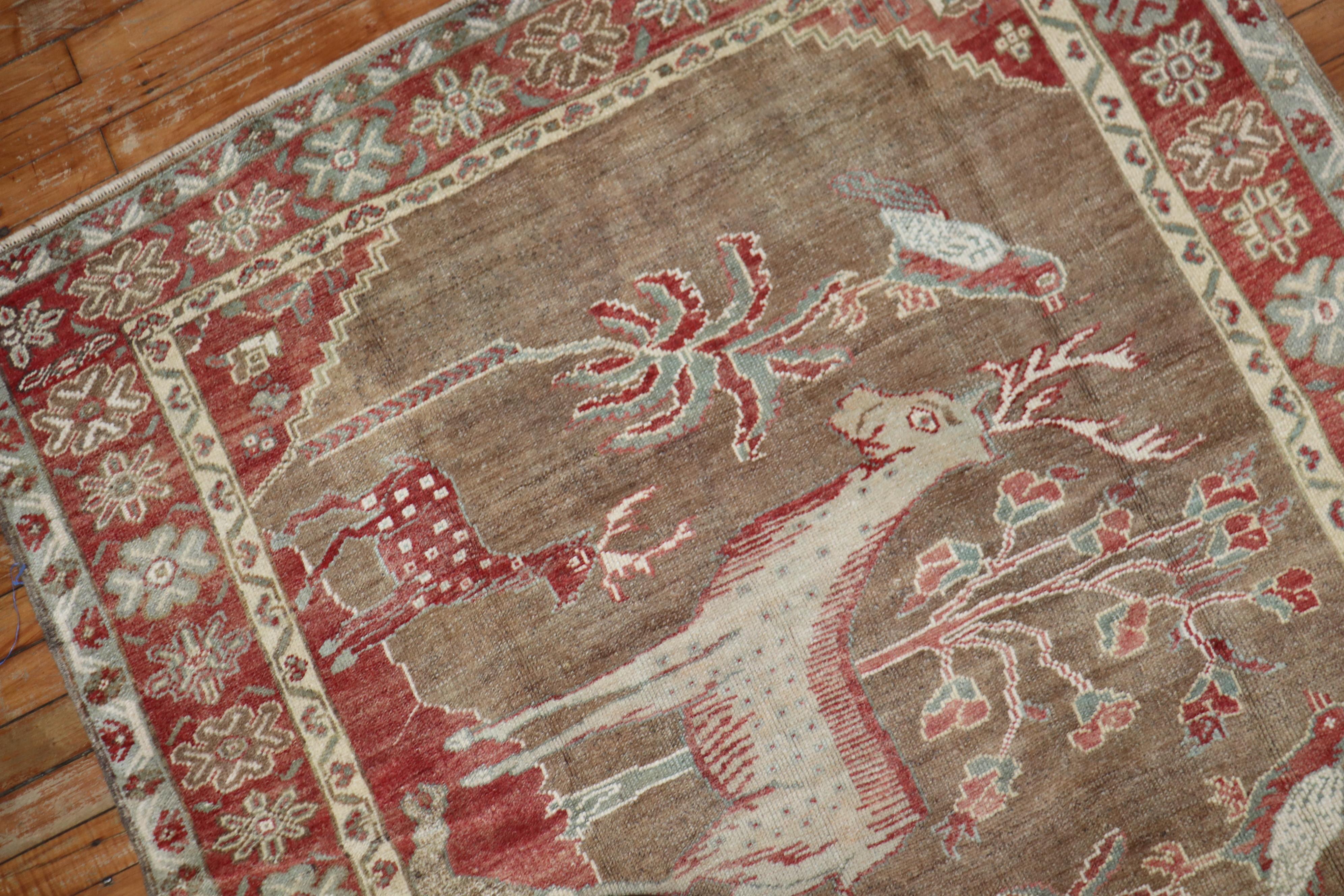 20th Century Pictorial Turkish Deer Bird Square Rug For Sale