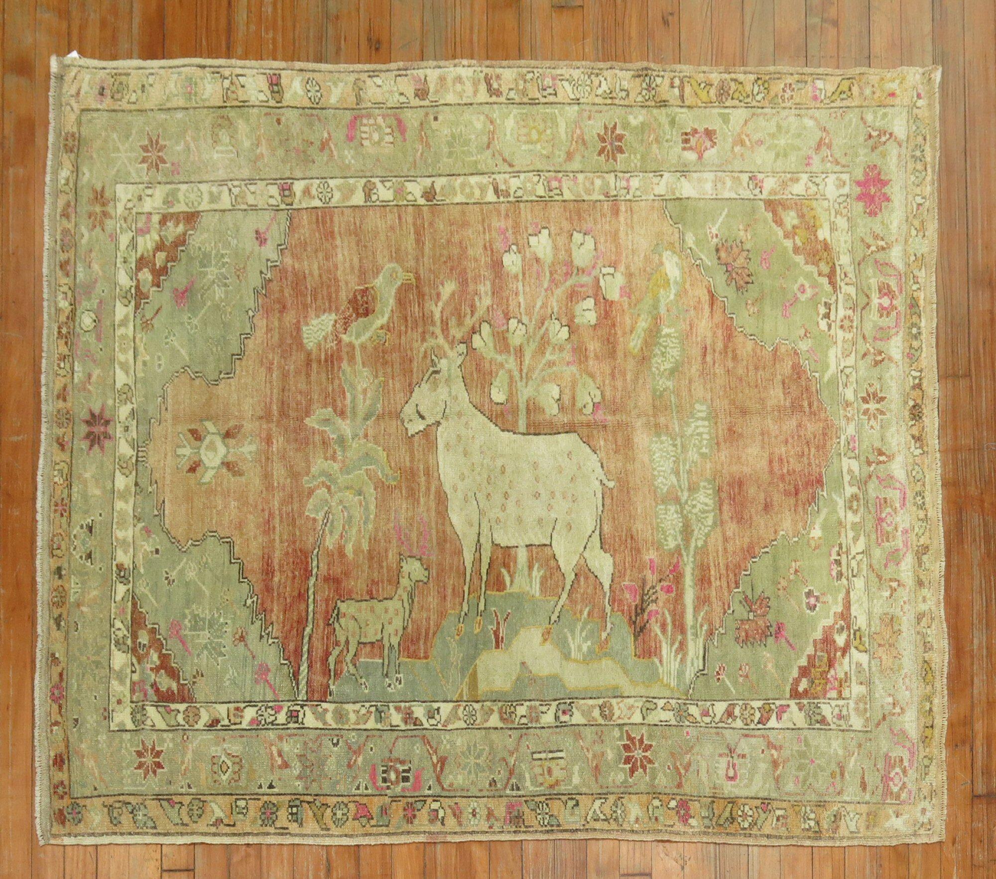 Hand-Woven Pictorial Turkish Deer Pictorial Animal Rug For Sale