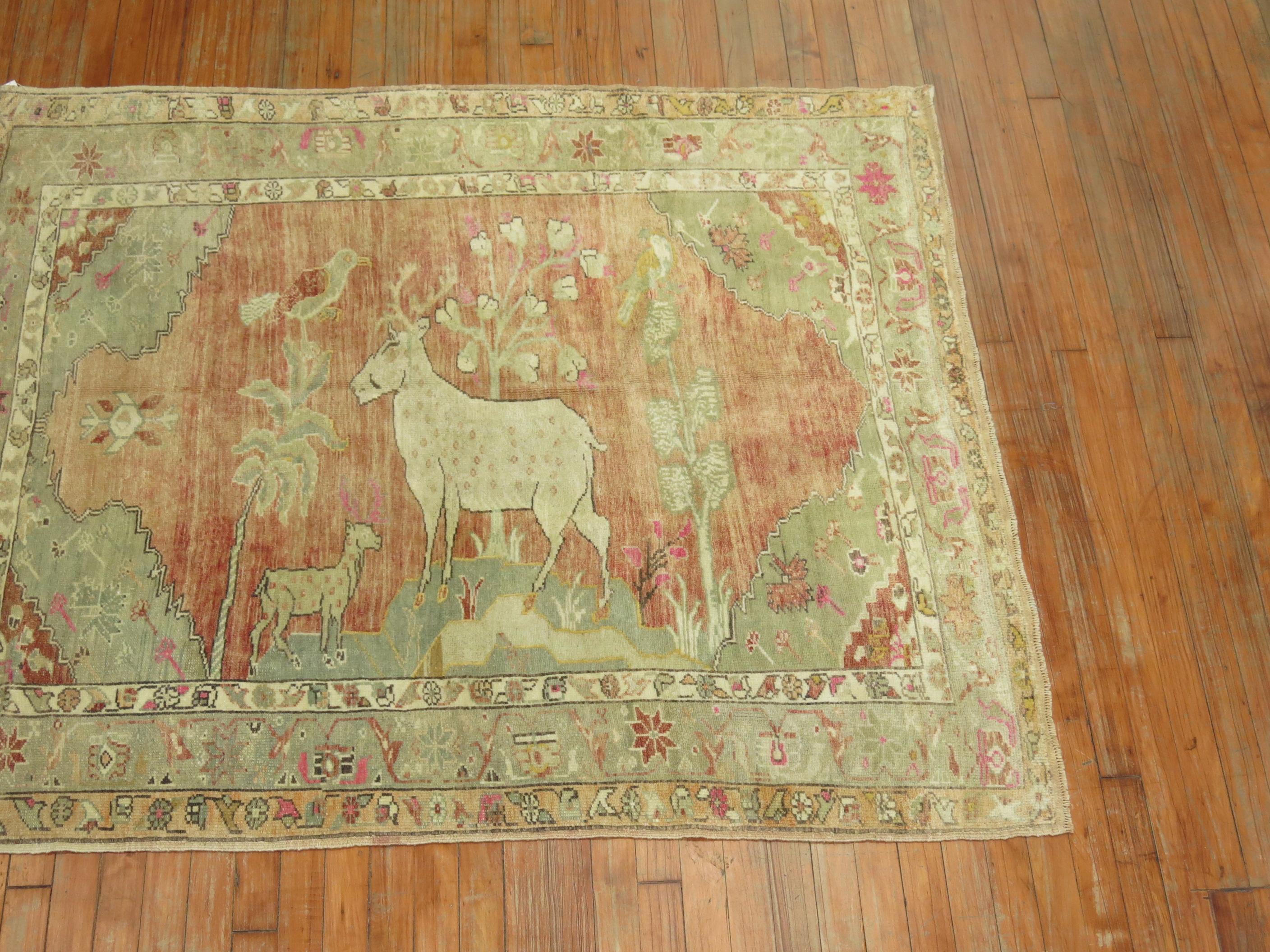 Pictorial Turkish Deer Pictorial Animal Rug In Good Condition For Sale In New York, NY