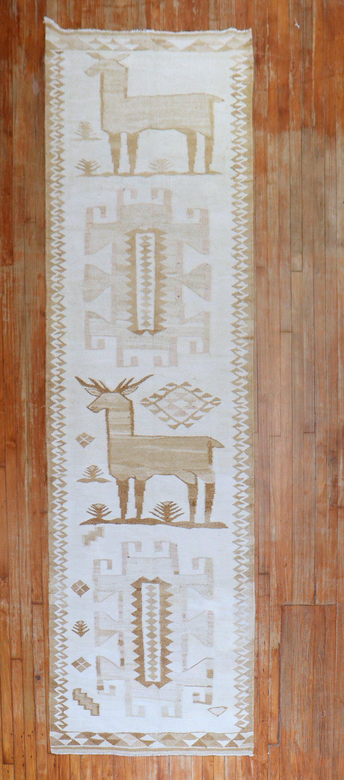 A rare mid-20th century one-of-a-kind Turkish pictorial goat flatweave runner

Measures: 3'5'' x 12'5''.