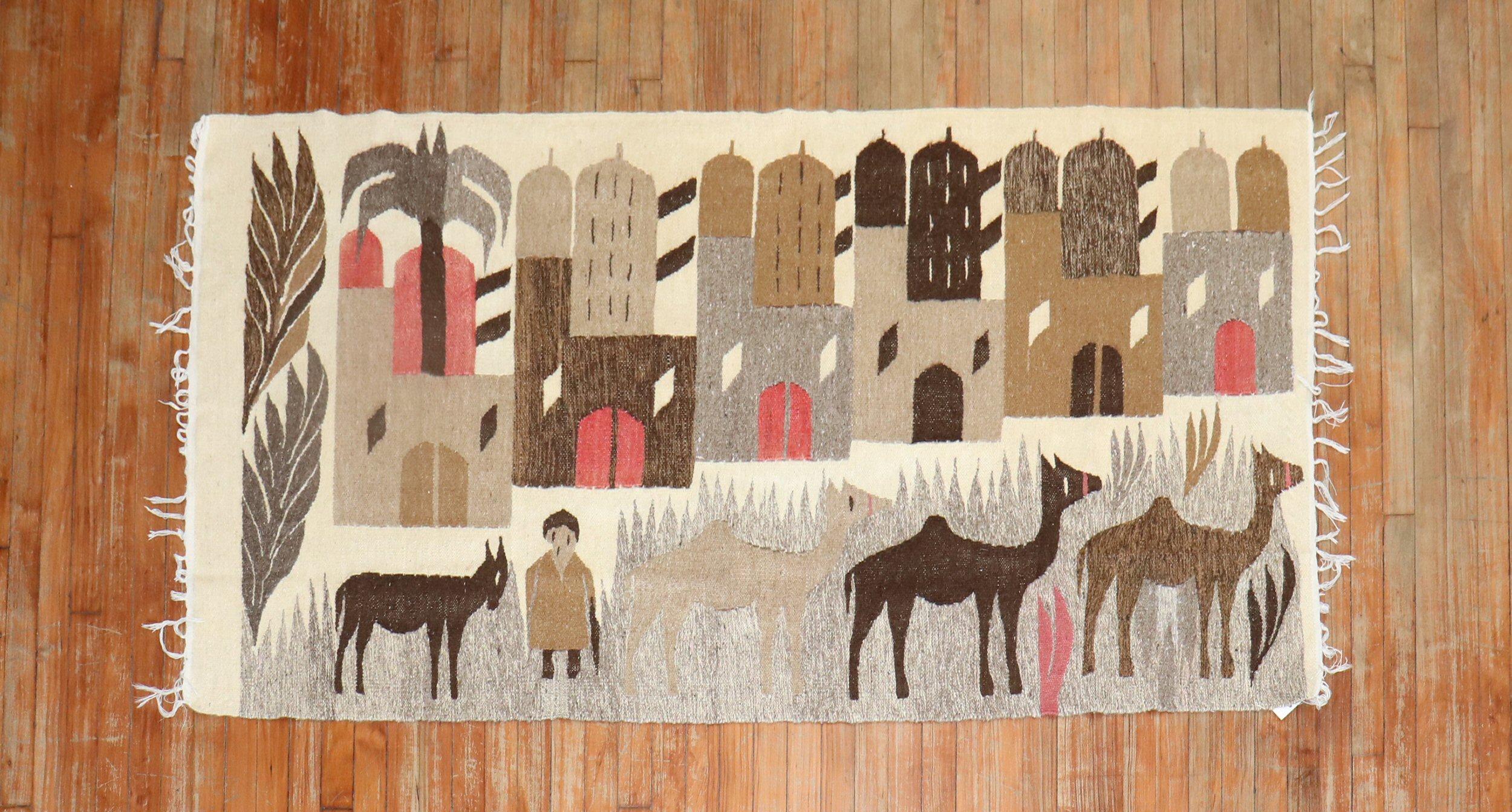 A Late 20th century one of a kind Turkish pictorial flatweave. Maybe good for a wall hanging? 

Measures: 3'4'' x 6'6''.