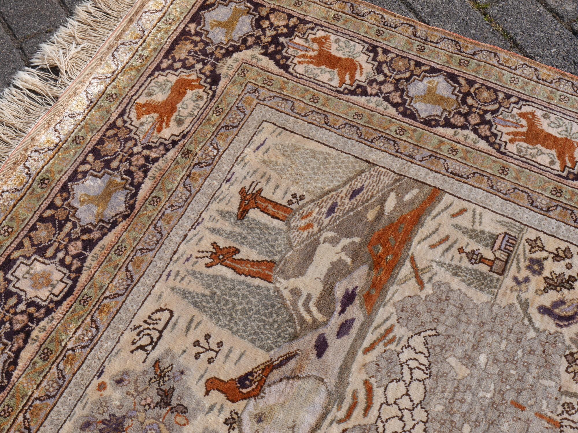 Pictorial Turkish Silk Rug For Sale at 1stDibs