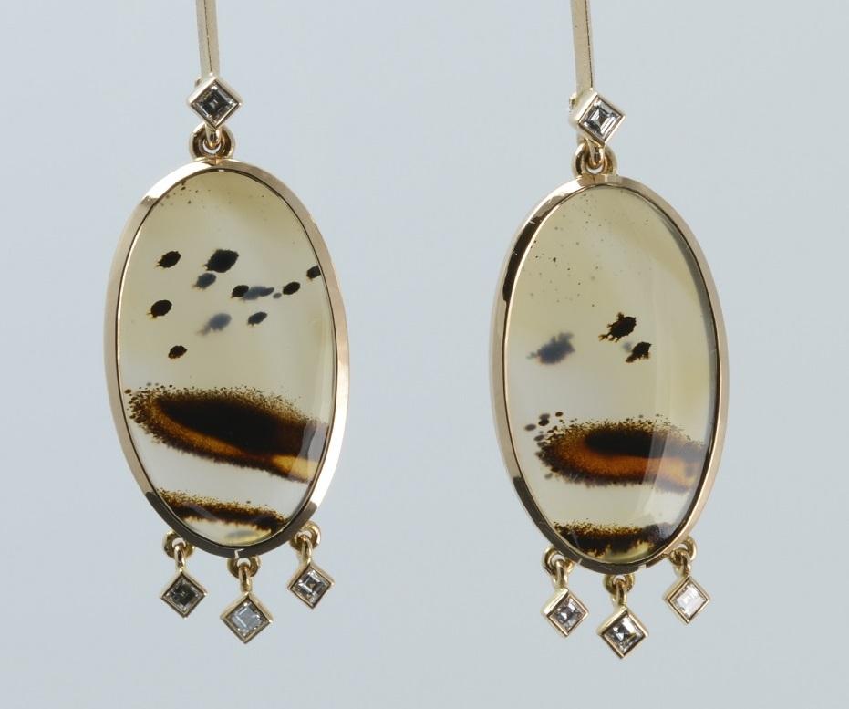 Picture Agate and Diamond Chandelier Earrings in 18 Carat Rose Gold For Sale 1