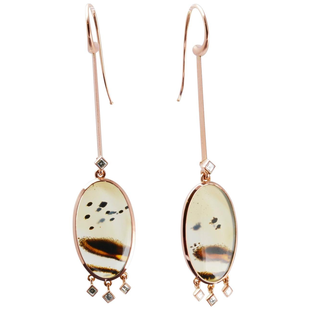 Picture Agate and Diamond Chandelier Earrings in 18 Carat Rose Gold For Sale