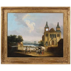 Bilderuhr, erste Hälfte des 19. Jahrhunderts, Frankreich, Öl auf Leinwand, Uhrwerk