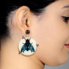 Picture Enamel Dangle Earrings With Diamonds Made In 18k Yellow Gold