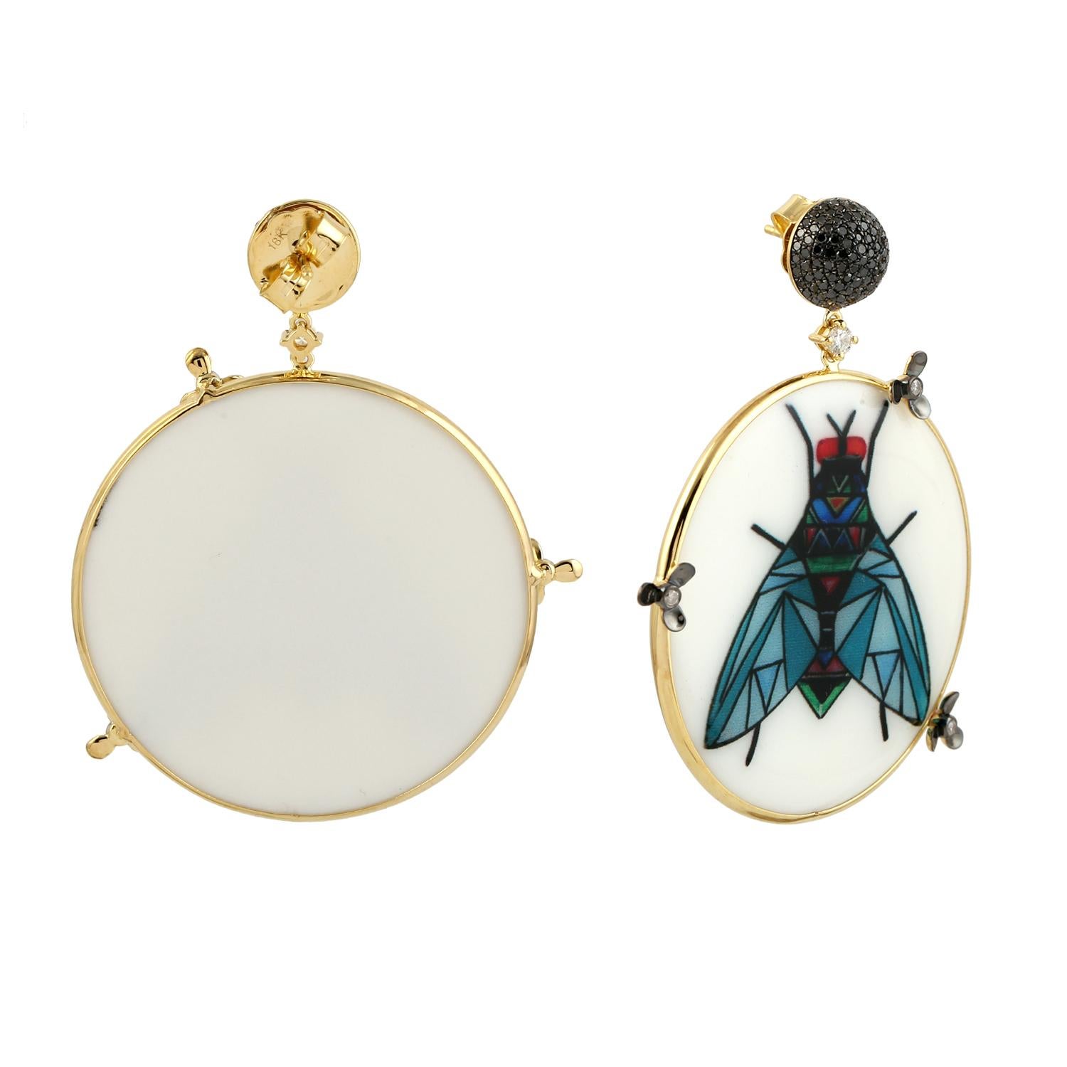 Mixed Cut Picture Enamel Dangle Earrings With Diamonds Made In 18k Yellow Gold For Sale