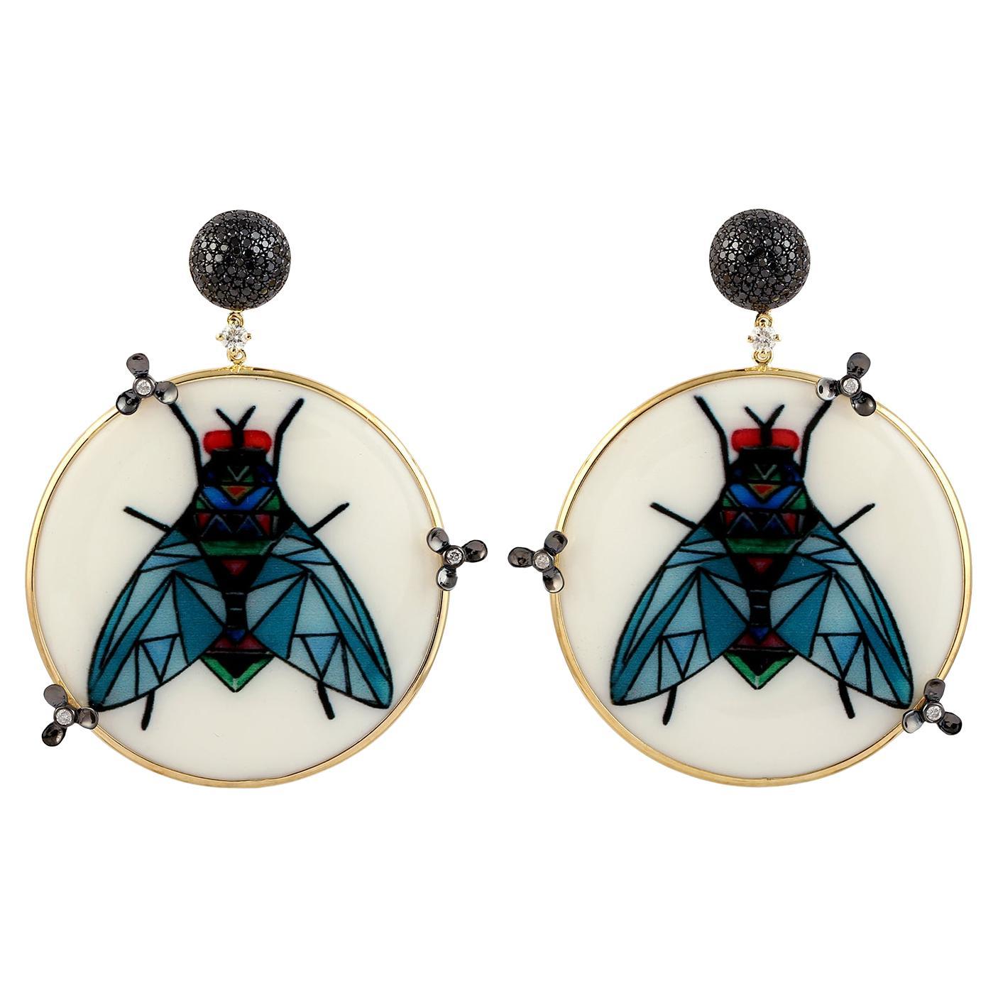 Picture Enamel Dangle Earrings With Diamonds Made In 18k Yellow Gold For Sale
