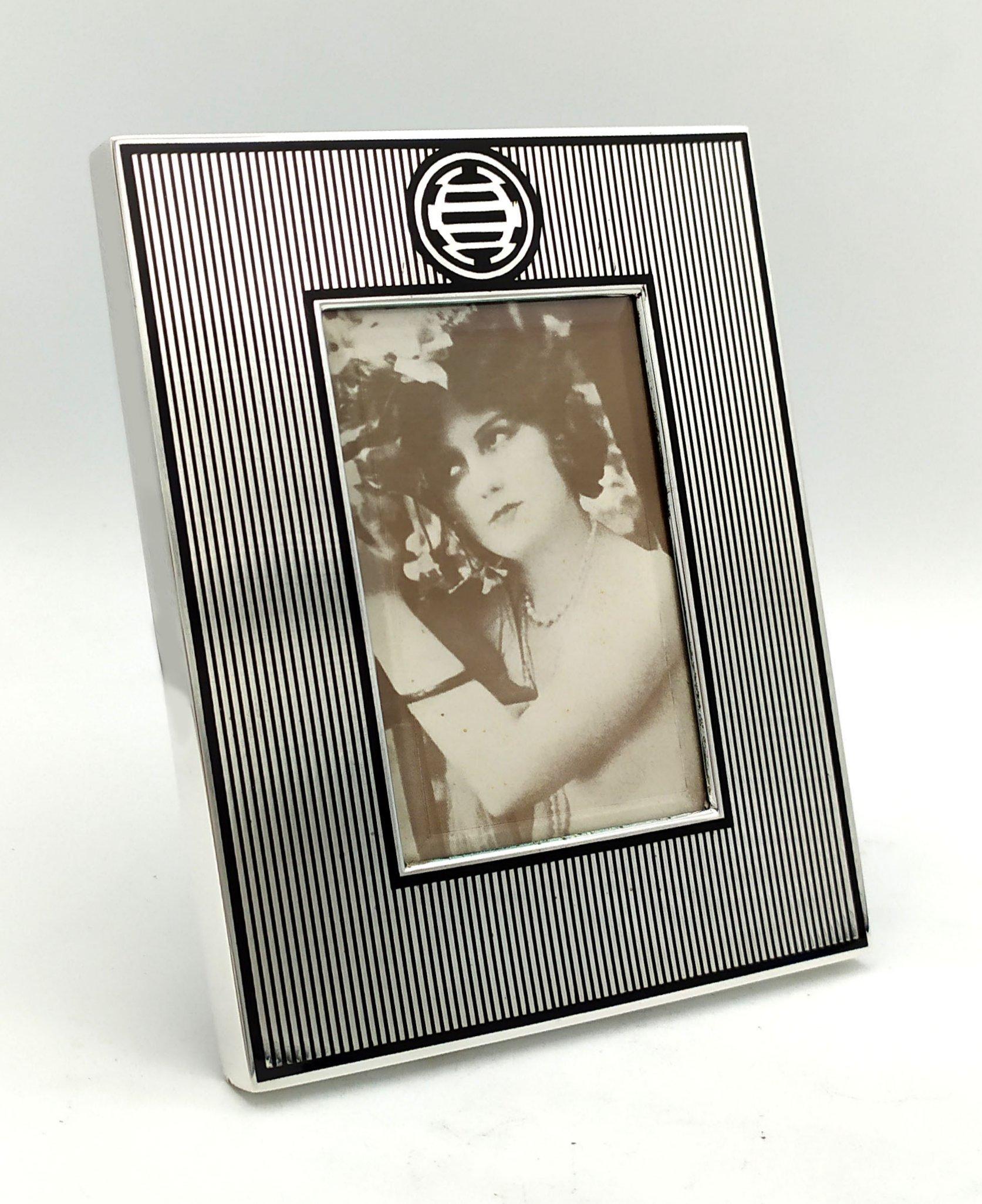 Hand-Carved Picture Frame Art Deco Chinese influence Enamel Sterling Silver Salimbeni For Sale