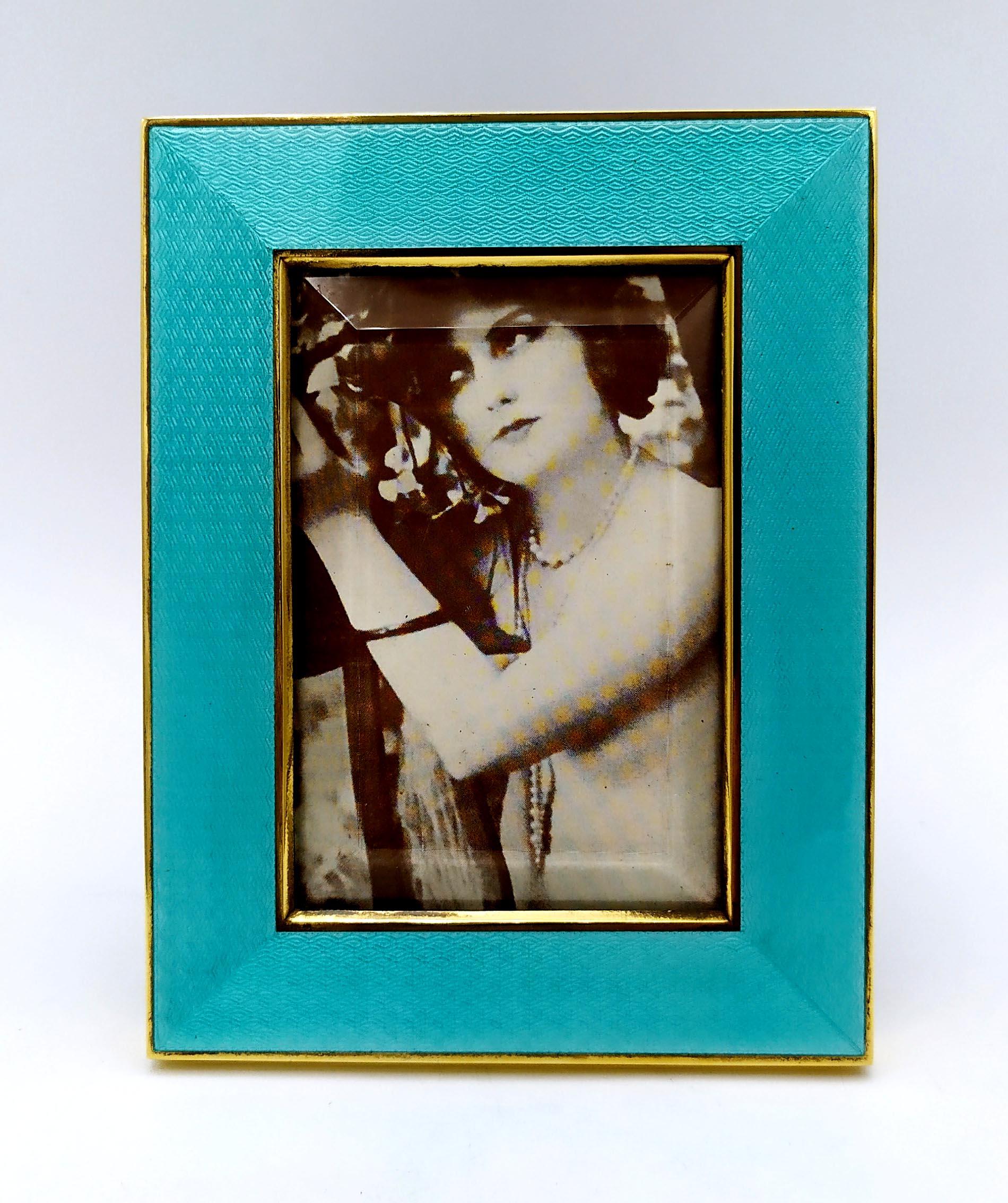 Mid-20th Century Picture Frame Classic rectangular Enamel light blue on guilloche Salimbeni For Sale
