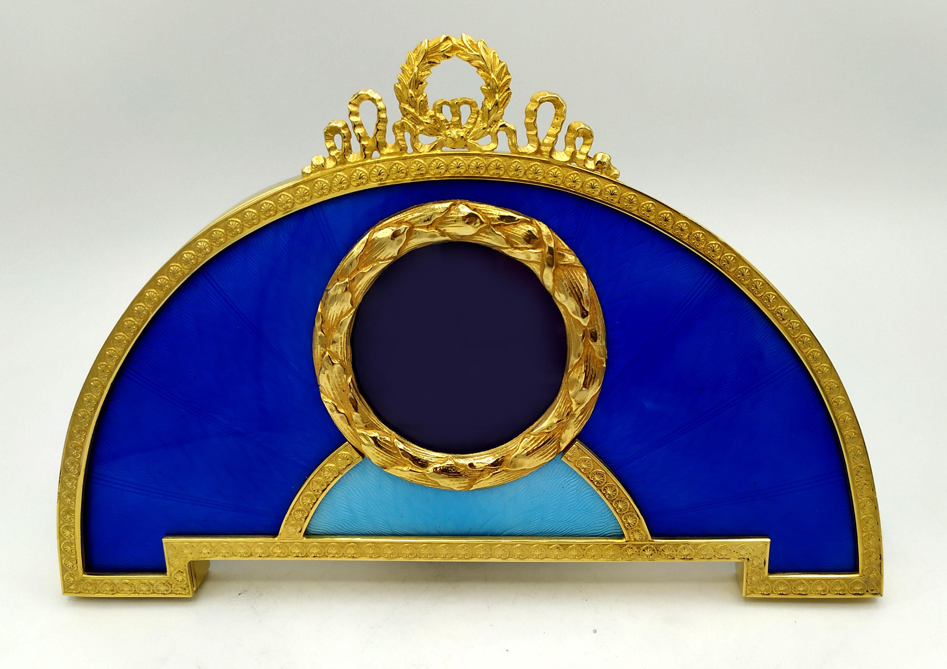 Italian Picture Frame Fan-shaped blue and sky enamel  Sterling Silver Salimbeni For Sale