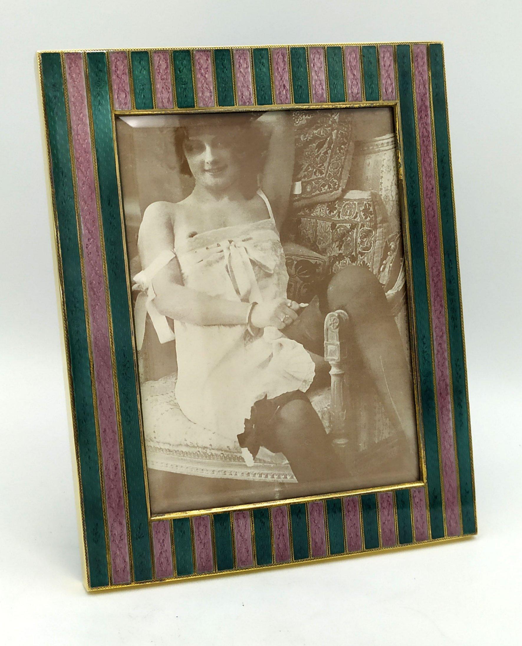 Italian Picture Frame Green and pink enamel Guilloche Sterling Silver Salimbeni For Sale