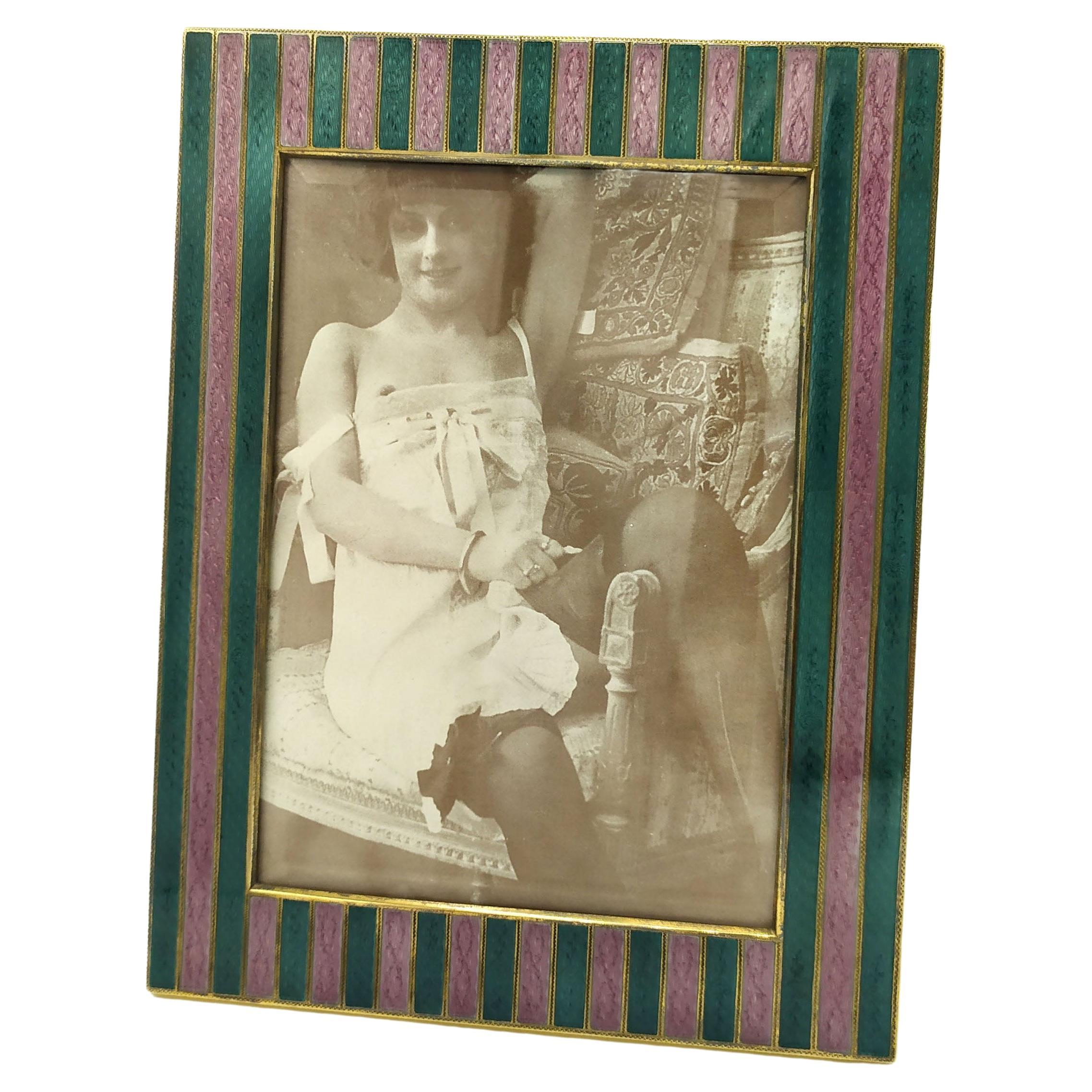 Picture Frame Green and pink enamel Guilloche Sterling Silver Salimbeni For Sale